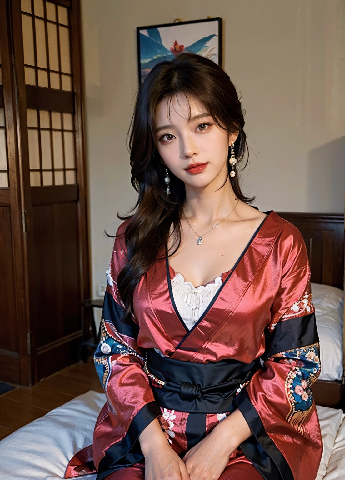 (Female, 22 years old, korean), (Medium breasts:1.3), hotels room、 ((Grab the viewer's hand)), (master piece: 1.3), (max resolution: 1.4), (UltraHD: 1.2), cinematric light, UltraHD, (Detailed eyes and skin), (detailed facial features), nffsw, 8K分辨率, Perfect Style, Beautiful expression、Highly detailed facial and skin texture、A detailed eye、二重まぶた、Glitter Eyeliner:1.2、(eyeshadows:1.3)、thin cheekair white skin:1.3)、shiny earrings shoulder length ,Red Rouge:1.2、shiny lip:1.2、((FULL BODYSHOT:1.2))、((From a very intimate distance:1.2))、((Silk red kimono))、high-heels、(Layered Hair Style、dark red hair)、medium-Long hair、(Very affectionate smile:1.2), medium full cowboy shot, front view, thick thighs, long necklace with blue pearl, blue eyes, chain on belly, sea side, sun shine on body, sweat and wetty body:1.5