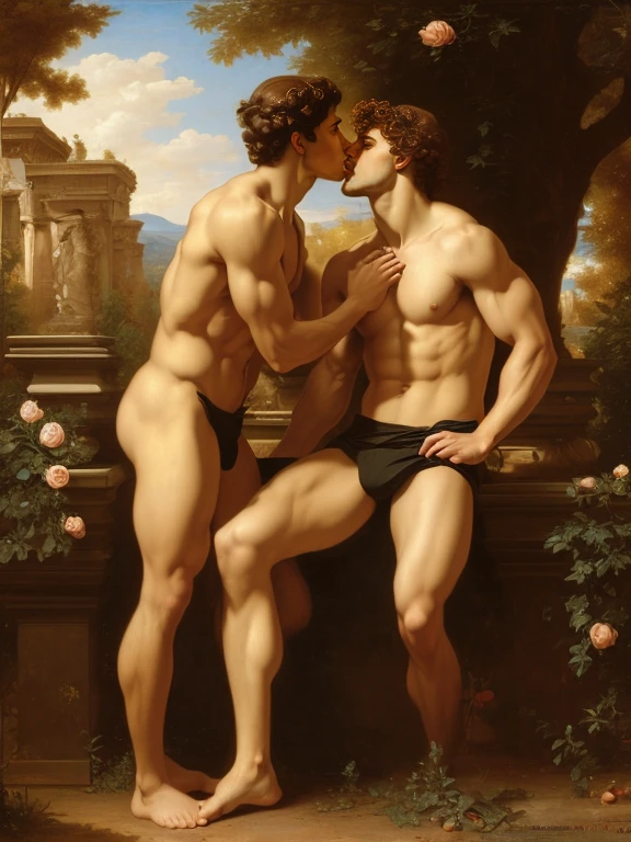 full body, Oil painting Renaissance style, ((two attractive youthful Italian men kissing)), men, mythology, perfect composition, golden ratio, abs, chest, centered, full body, centered, perfect composition, golden ratio, rose bush background, by William Adolph Bouguereau