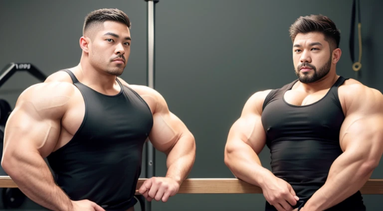 (Very detailed 8k wallpaper), two asian men, muscle worship, arms folded, At the gym, high detailing, buzzcut, very large and strong body, bulging muscles, well-muscled, very large pectoral muscles. Very sexy abs, legs are muscular, Toned figure, lightens oily skin, muscular, Tank top, T-shirt, longshot, Wide Shot