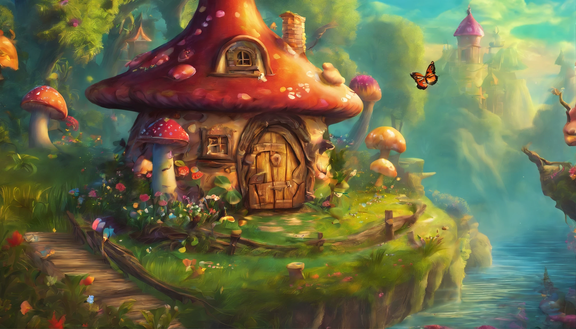 fairy tale picture book,Fairy Tale Town,mushroom house,Flowers,a plant,high high quality,16K resolution,(Best quality),(tmasterpiece),ultradetailed,Detailed details,super-fine,Ultra photo realsisim,OC renderer,Accurate