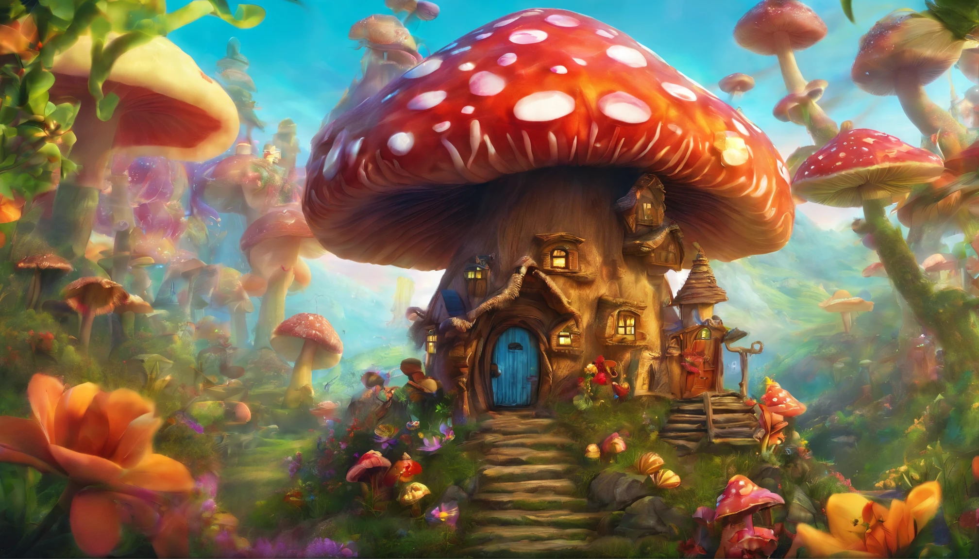 fairy tale picture book,Fairy Tale Town,mushroom house,Flowers,a plant,high high quality,16K resolution,(Best quality),(tmasterpiece),ultradetailed,Detailed details,super-fine,Ultra photo realsisim,OC renderer,Accurate