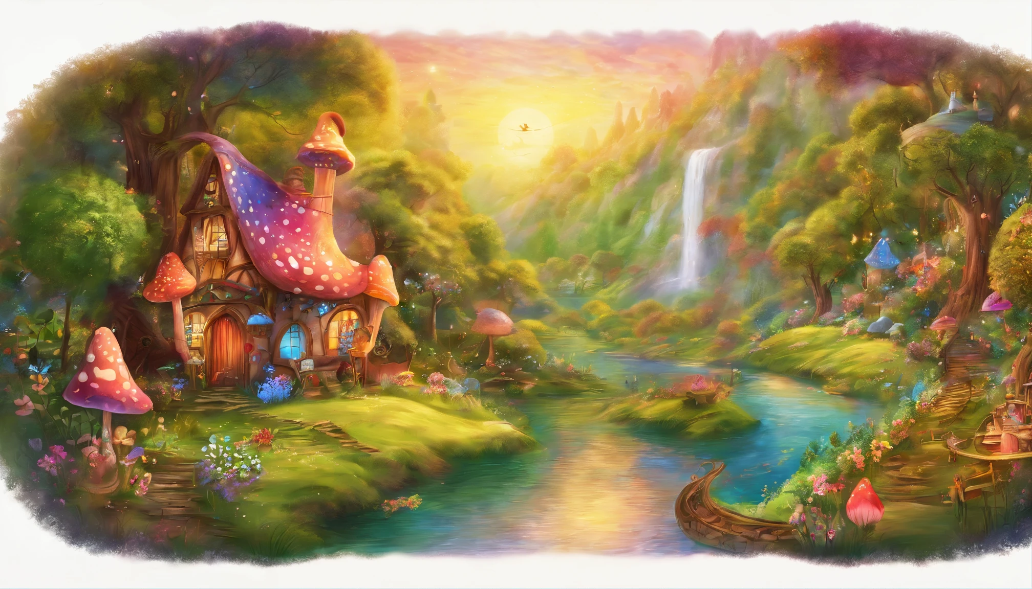 fairy tale picture book,Fairy Tale Town,mushroom house,Flowers,a plant,high high quality,16K resolution,(Best quality),(tmasterpiece),ultradetailed,Detailed details,super-fine,Ultra photo realsisim,OC renderer,Accurate