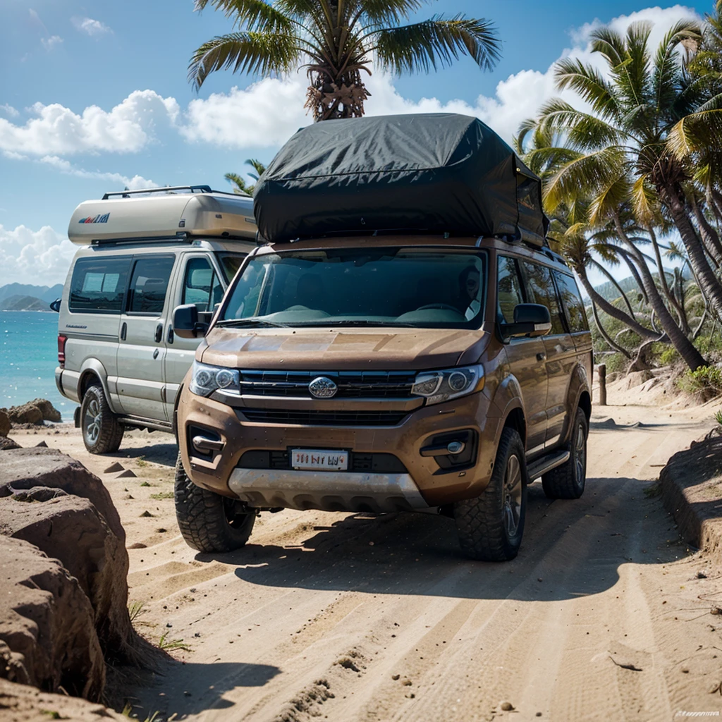 expedition campervan, 4x4, off road style, snorkel, beautiful weather, sunny day, palm trees, ocean, mountains, beautiful view, the best quality, 4K, full realism, one girl, fit body, beautiful face