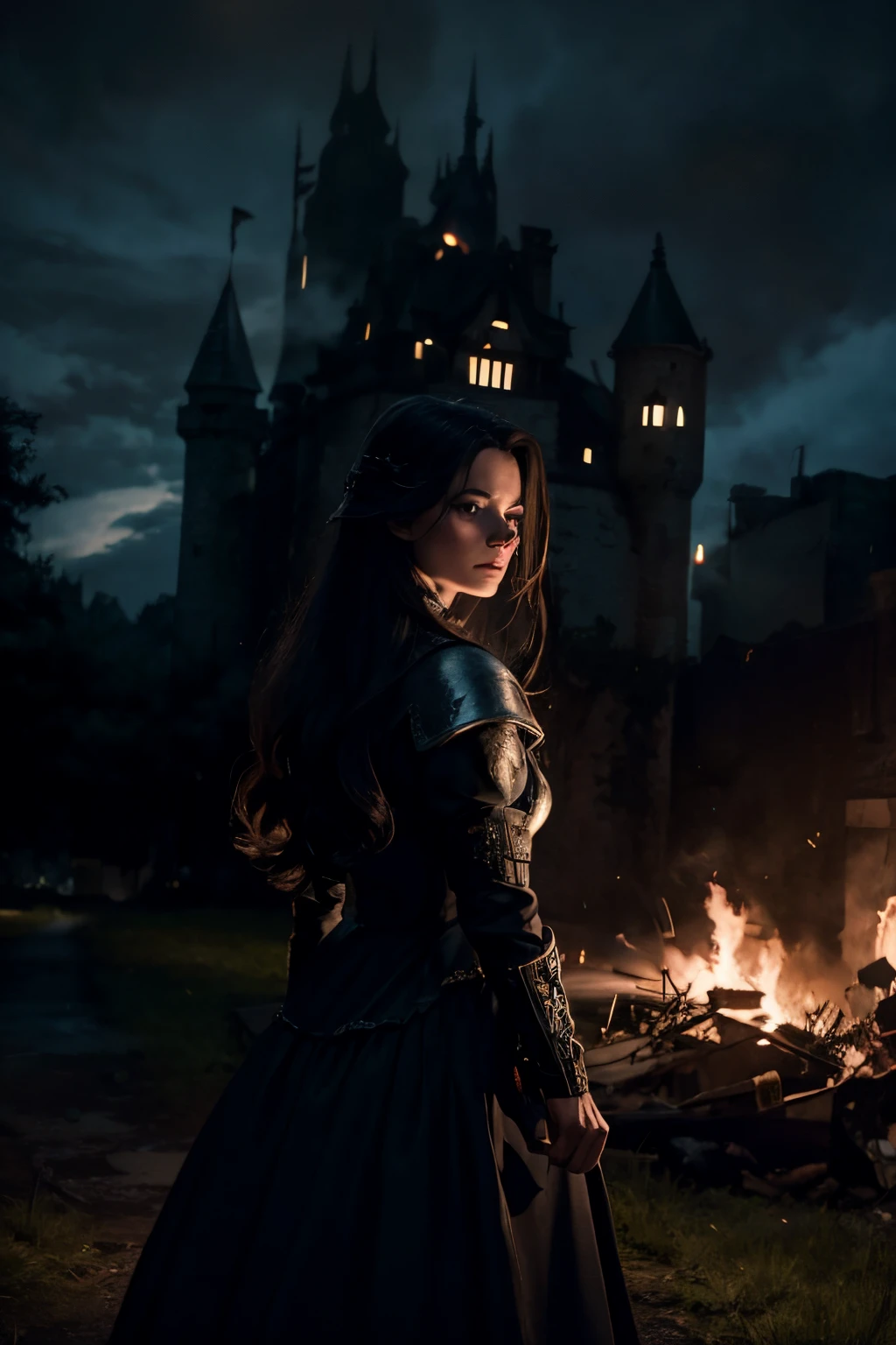 sinister princess infront of burning castle in midnight, peasents shaming her
