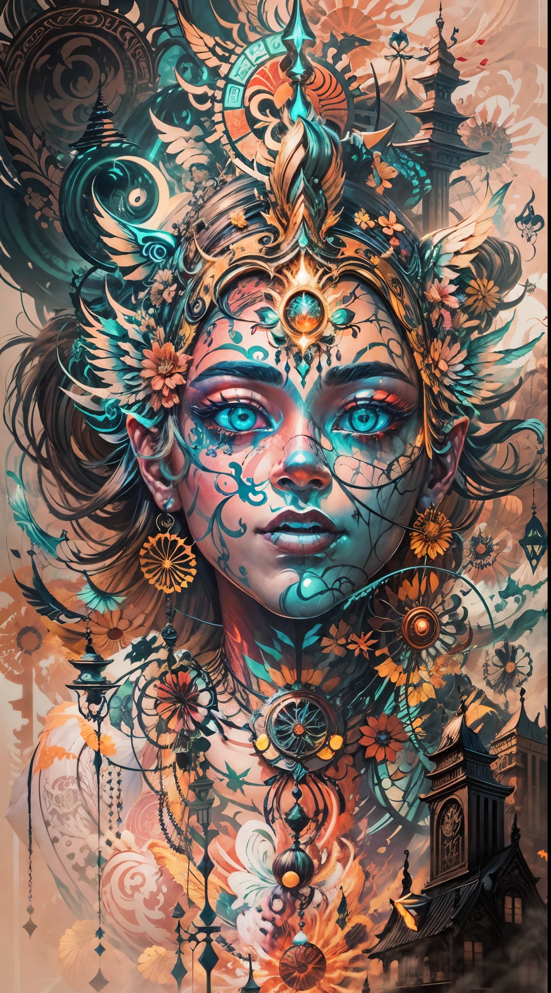 Explosive, otherworldly painting of a shape-shifting deity adorned with chaotic life and vitality soul motifs and omnipresent, piercing eyes, a breathtaking amalgamation of fine art and captivating photo collage, mesmerizing poster design:: their appearance exuded the enigmatic allure of Gaia and life minimalism fused with cosmic chaos:: --ar 9:16 --s 963 --c 9 --q 2 --v 5