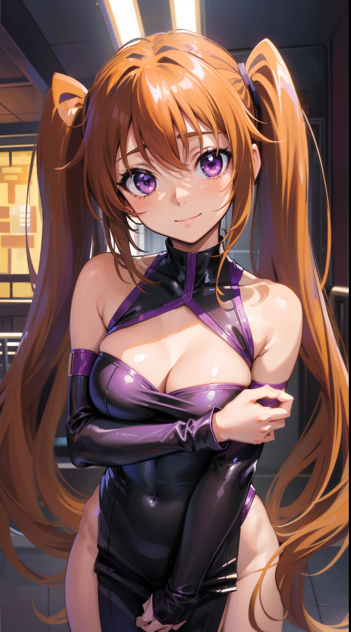 (best quality, master-piece:1.2), long brown hair, purple eyes, ultra-detailed eyes, twintails, beautiful detailed smile, Shidou Irina, medium breasts, naked,  background, standing, upper body, indoors