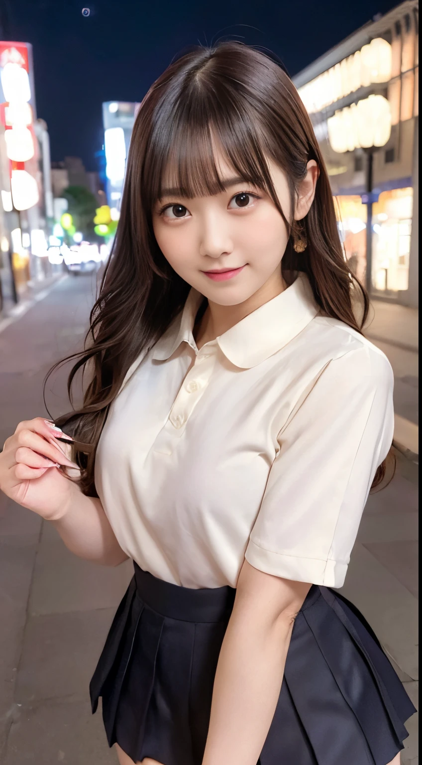 masterpiece, ((((beautiful and cute japanese_young_idol)))),((((collared school shirt)))), ((((illumination)))), ((in the city)), ((pleated skirt, stocking)), (((blunt bangs, long hair))), hyperrealistic, overly detailed, best-realistic, perfect-quality, perfect-anatomy, (((symmetry,double-edged eyelid))), (((8k, 16k))) cinematic photography, open mouth, ((natural_face:1.6)), (((professional photography))), (night view background effect:1.4), ((illumination:1.3)), (smile:1.1)