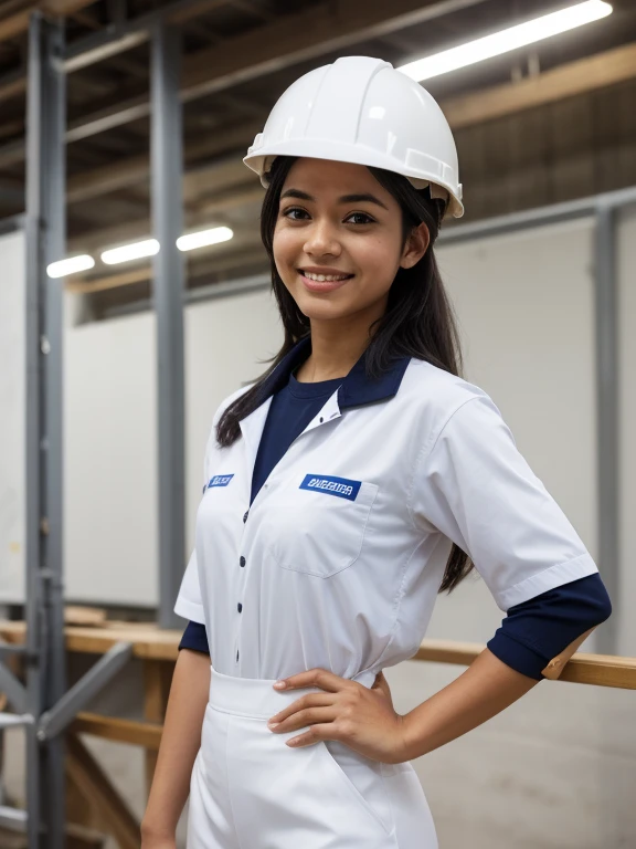 Wearing a helmet、background construction site、Wearing work clothes、black woman、one girls、1girl in、Solo Shot、Single Shot、A dark-haired、Brown Eye、Enlarged depiction of the upper body、masutepiece、Take a sip、超A high resolution、Working women、Work clothes、Suits、Clerk's uniform、constructionyardai、Detailed limbs、Smile and signal、wear a protective helmet、