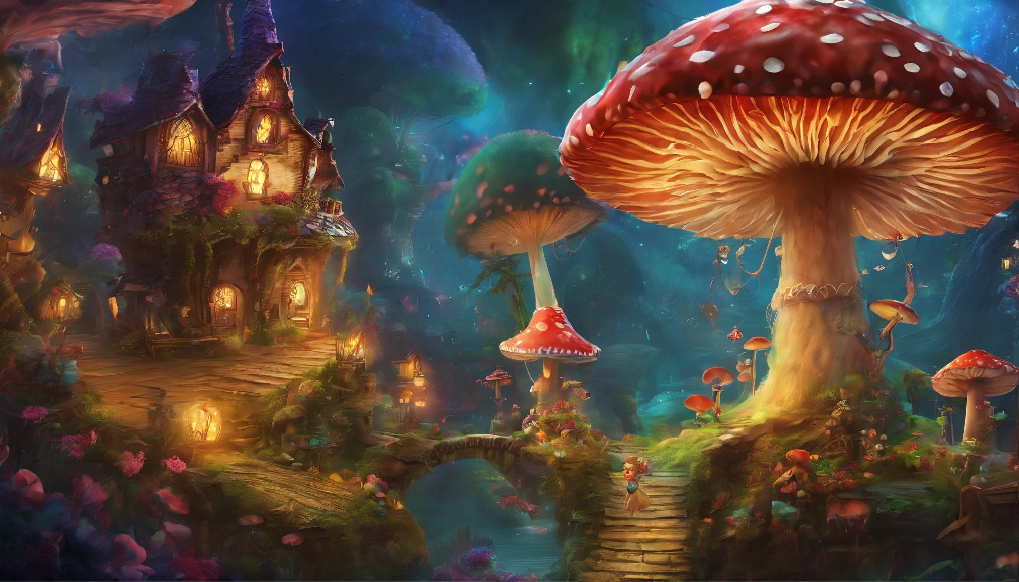 fairy tale picture book,Aerial viewing angle,Fairy tale town,mushroom house,blossoms,a plant,high high quality,16K resolution,(Best quality at best),(tmasterpiece),ultra - detailed,detailed detail,ultradetailed,ultra real photo,Overclocked renderer,Accurate