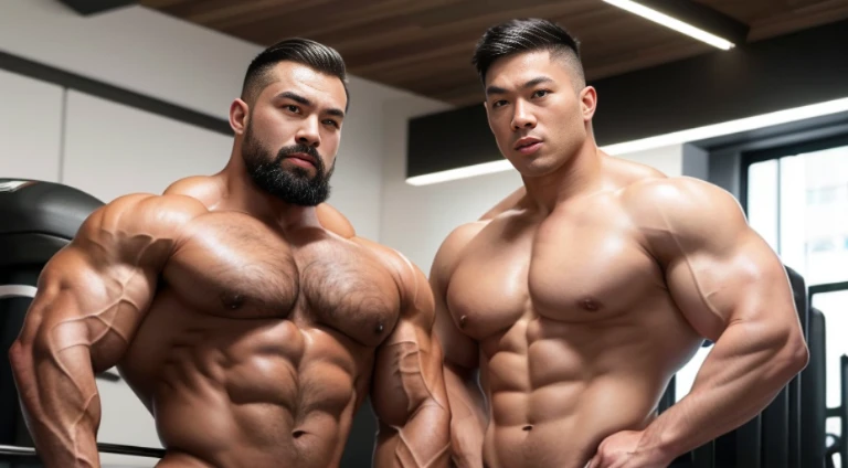 (Very detailed 8k wallpaper), two asian men, muscle worship, arms folded, At the gym, high detailing, buzzcut, very large and strong body, bulging muscles, well-muscled, very large pectoral muscles. Very sexy abs, legs are muscular, Toned figure, lightens oily skin, muscular, Tank top, T-shirt, longshot, Wide Shot