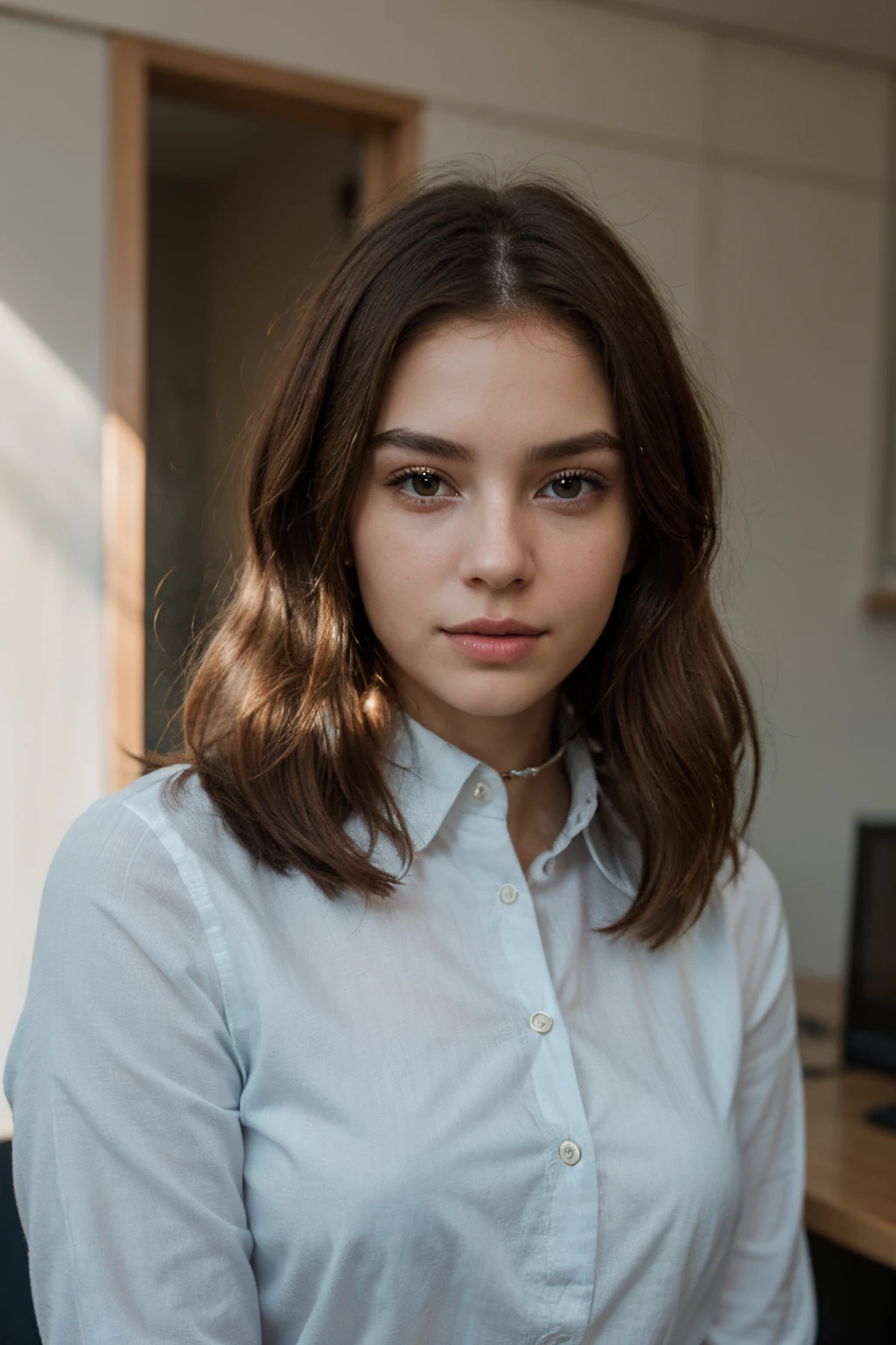 Create an image of a young woman with a contemporary, confident look. She has a fresh, approachable face with warm, inviting eyes, and short, neatly-styled brown hair that frames her face elegantly. Her attire is a professional light blue blouse with a smart collar, suitable for a modern workplace. The lighting should be soft, casting gentle shadows that accentuate her features, with an architectural indoor background that suggests a spacious and sophisticated environment. The overall feeling of the image should convey a sense of calm professionalism and modern elegance.