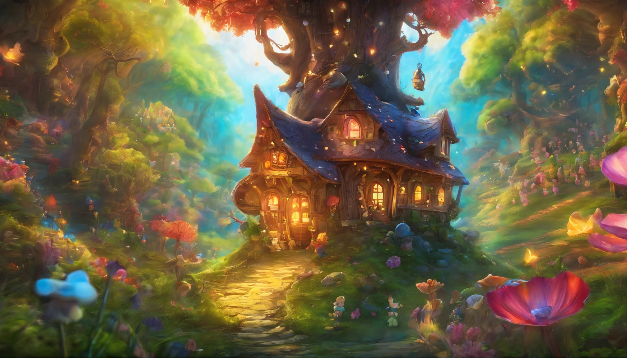 fairy tale picture book，Aerial viewing angle，Fairy tale town，mushroom house，blossoms，a plant，high high quality，16K resolution，（Best quality at best），（tmasterpiece），ultra - detailed，detailed detail，ultradetailed，ultra real photo，Overclocked renderer，Accurate