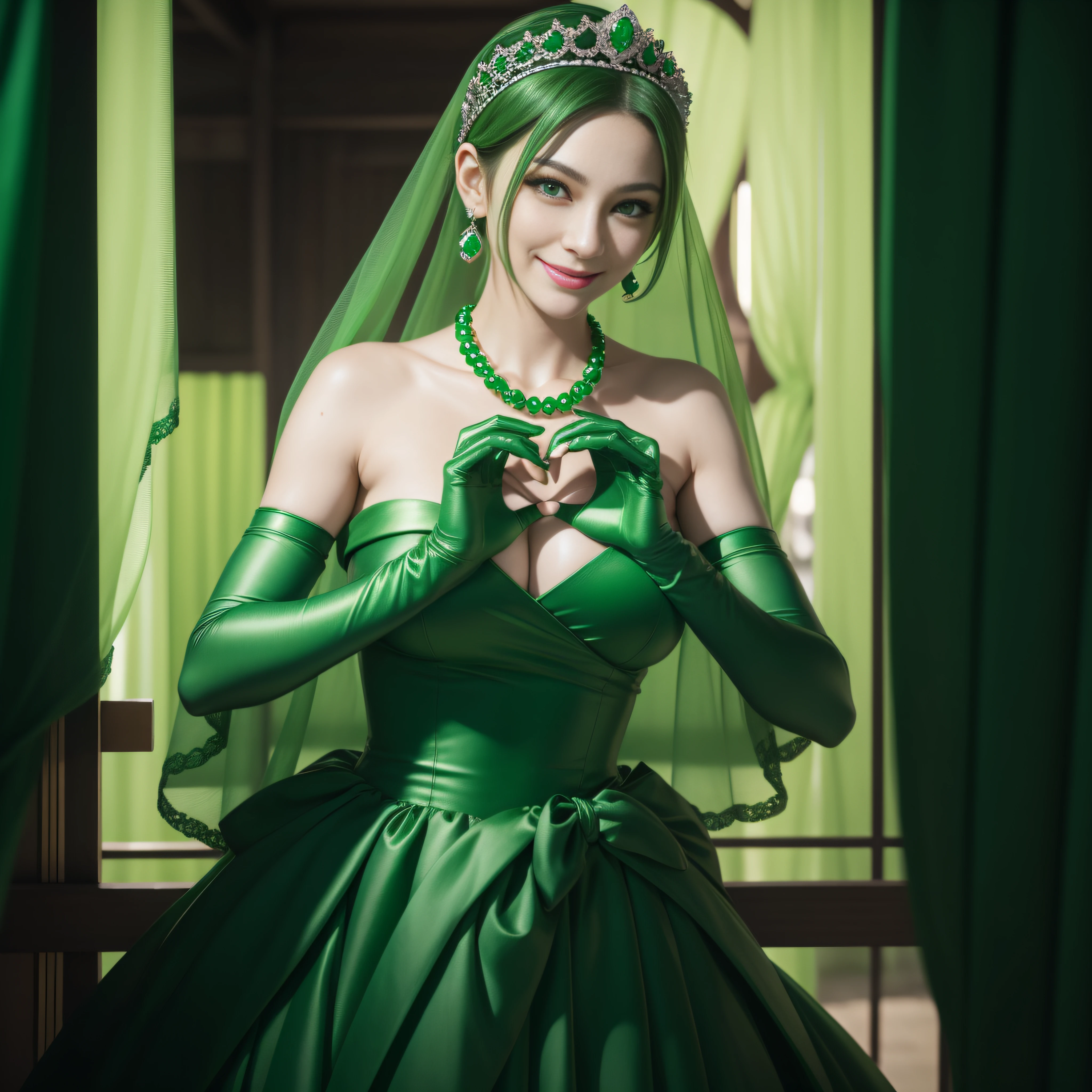 emerald tiara, Green Pearl Necklace, Boyish very short green hair, lipsticks, Japan woman smiling, very short short hair,  big breasts beautiful, Green eyes, Long green gloves made of satin material, Green eyes, Emerald Earrings, green vale, Heart with both hands, Green hair