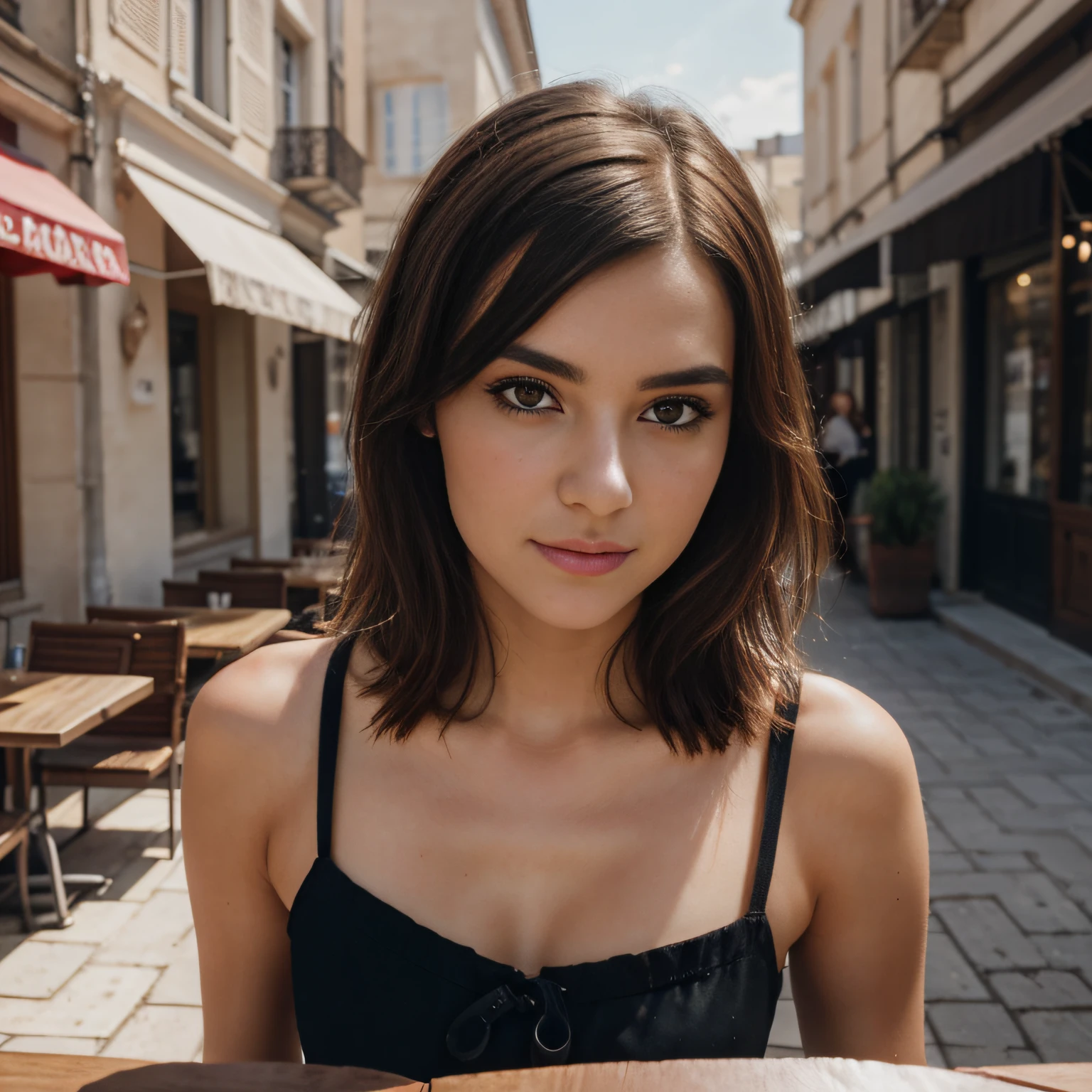 Photographie d&#39;A very beautiful girl, à la terrace d&#39;Coffee, , Chef-d'oeuvre, jouissant, fille, fille chaude, (((buste lourd))), cheveux bruns, long_cheveux, symmetrical face, photoreallistic, photographie, High definition 8K phone camera, natural lighting, magnifique, clivage, occidental, Lo-fi, High resolution, Extremely detailed, peau avec pores, realistic lighting, natural light, Selfie, visage naturel, Taupes, instagram pose, Influencer, Low fidelity, imparfait