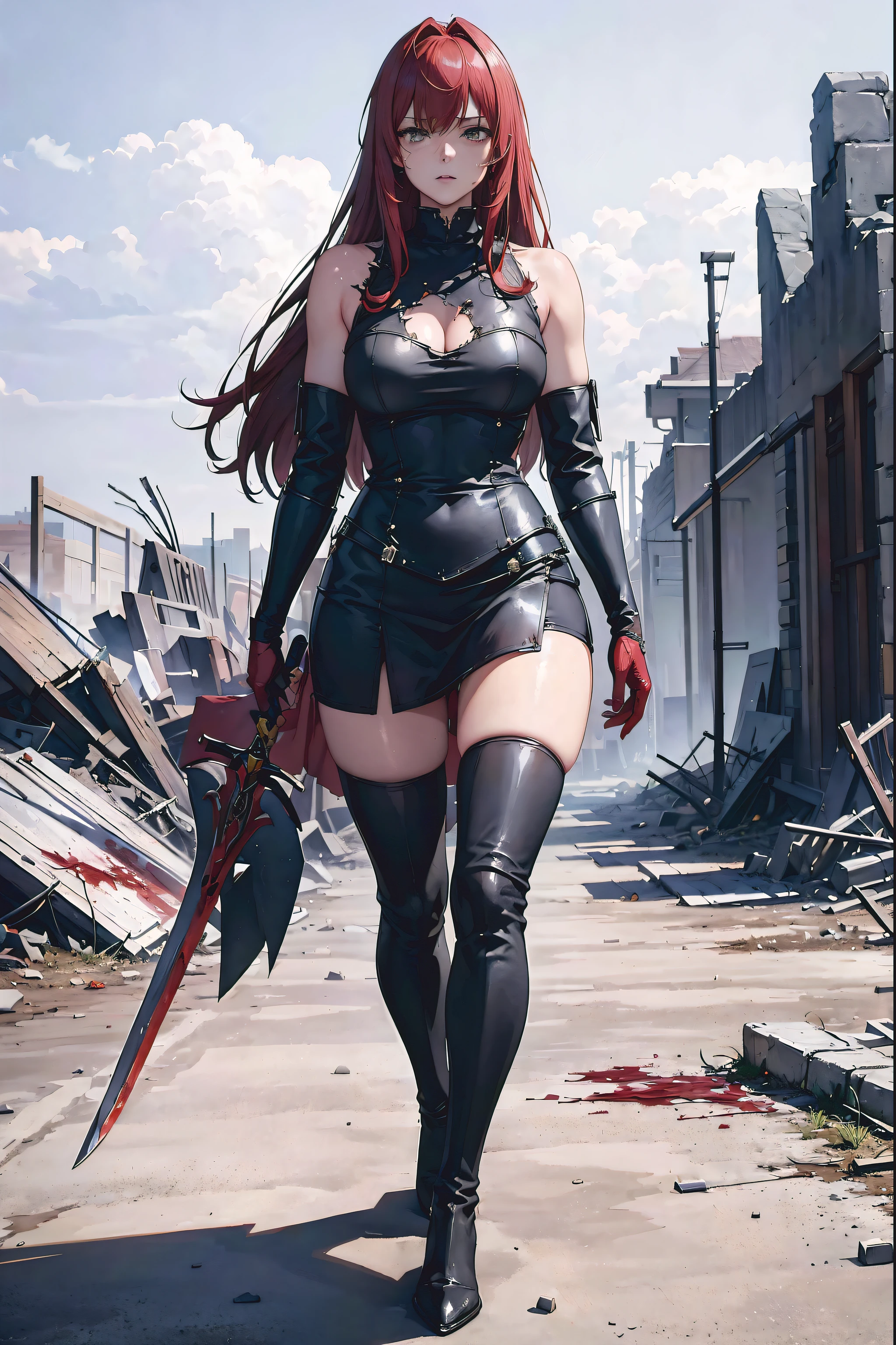 (Best quality at best,4K,8K,A high resolution,tmasterpiece:1.2), ultra - detailed, actual:1.37 female knight wears knee-high boots, With flowing red hair, 2 d anime style. She wields a slender sword with one hand, wearing combat fatigues. Her clothes were torn, Revealing battle scars and blood stains. She has a unique figure and a determined expression. The scene set in a war-torn landscape, There are ruins and debris in the background. The color palette vibrant yet dark, Enhance the atmosphere. The lights cast dramatic shadows, Emphasis on the heroic presence of the knight.