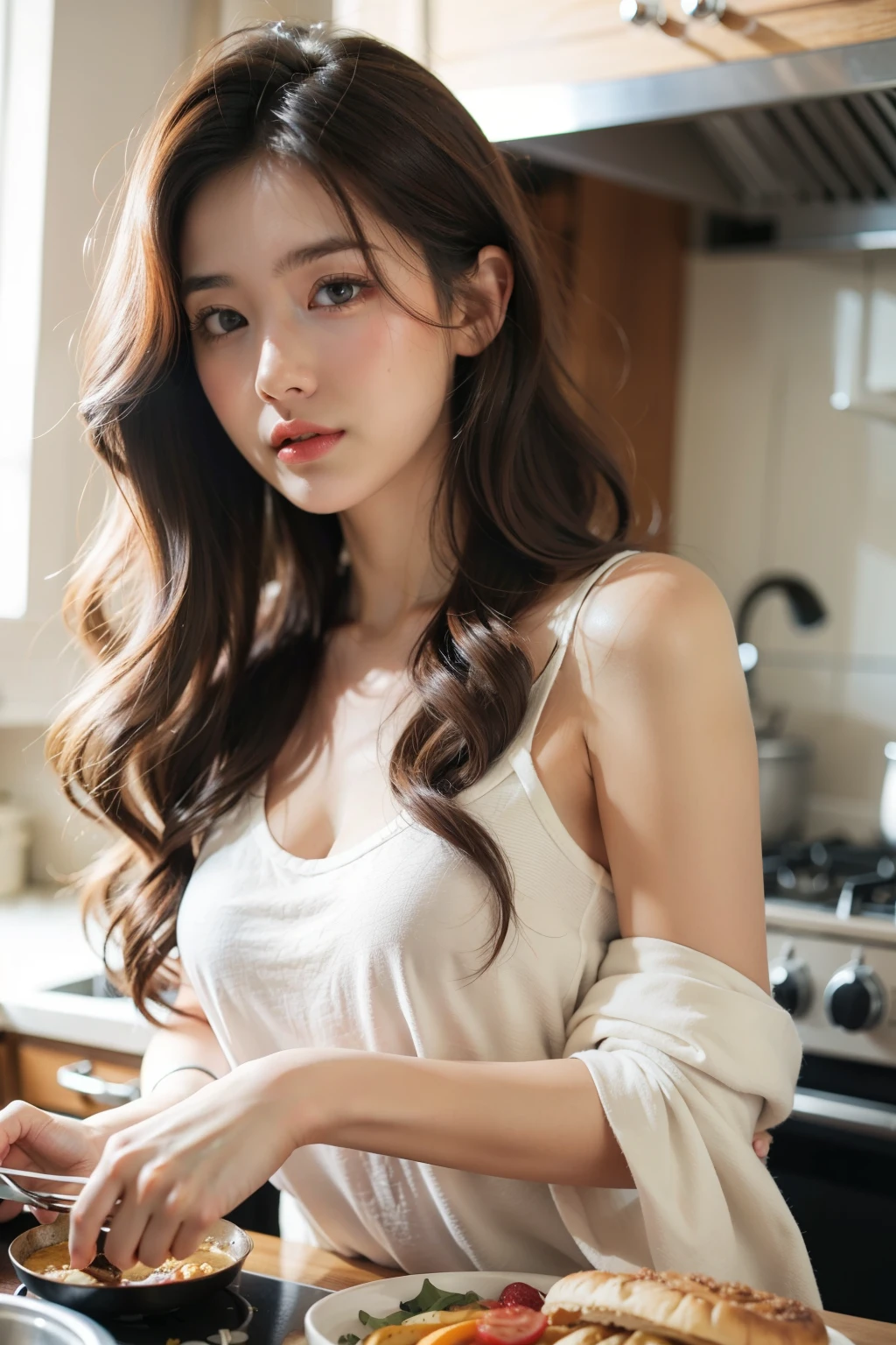 (1girl), ((beautiful eyes, long wavy hairs, brown hair, Hair tousled by the breeze)), in the kitchen, cooking.