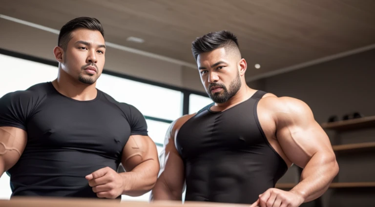 (Very detailed 8k wallpaper), two asian men, muscle worship, arms folded, At the gym, high detailing, buzzcut, very large and strong body, bulging muscles, well-muscled, very large pectoral muscles. Very sexy abs, legs are muscular, Toned figure, lightens oily skin, muscular, Tank top, T-shirt, longshot, Wide Shot