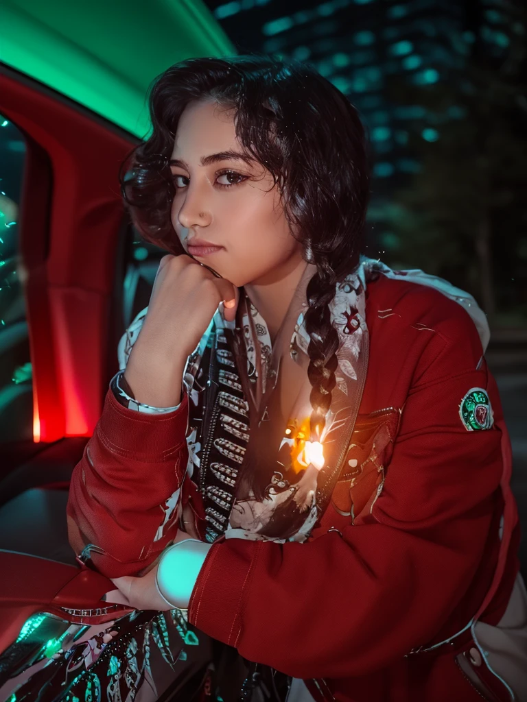 create a hyper realistic image of cute girltaking a selfie in the park, purple hair hair, wearing black t-shirt and jeans, green eyes. long dark eyebrows, long eyelashes, background of outside , 8k, high detailed, sharp focus.,(light trail photography:1.3), (Car taillightany tail light wires, (tail light line art), winding city road:1.3, Camera in manual mode, ND16 filter, F/8, ISO100, (150 seconds long exposure), Shoot from above, Amazingly beautiful lighting, Complex, (tmasterpiece), (Best quality at best), (hyper-high detail), (realisticlying:1.3)