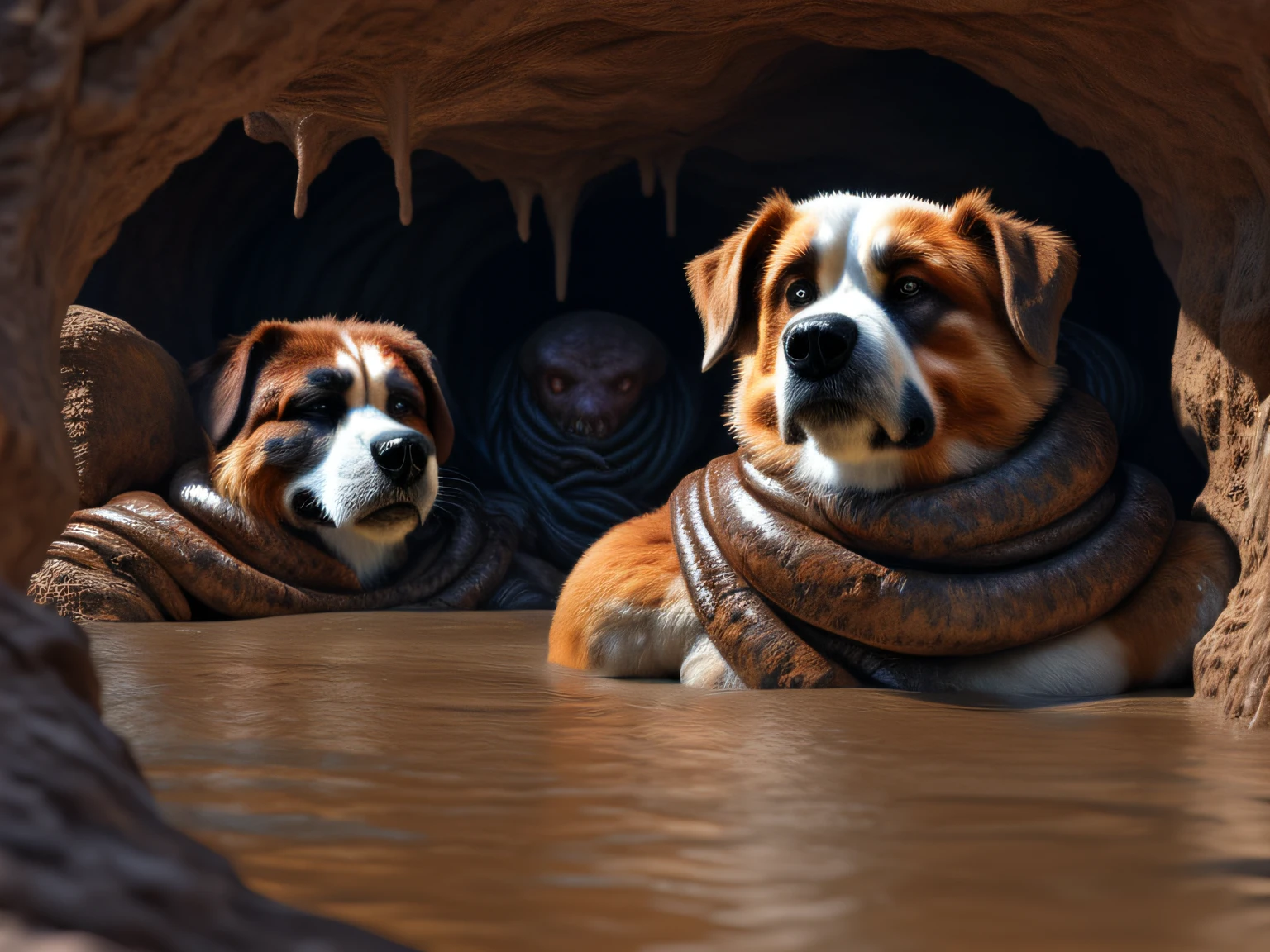 Realstic,photoreallistic,tranchant,(Best quality,Masterpiece:1.4),anthro habillé(saint-bernard:1.2)(fourrure noire),anthro retenu,Captured par des tentacules dans des sables mouvants épais,(musculaire:2),gros pectoraux,Muscular arms,Muscular shoulders,(corps enveloppé de tentacules:1.5),(arm behind back:1.5),(tentacule enroulé autour du cou:1.5),(noyade),(Naufrage:1.3),(impuissant:1.6),(lutter en vain:1.4),(tête regardant du côté opposé à la camera),il a l'Bored air,Captured,il cherche de l'aide autour de lui,Grotte basement du desert with trou au-dessus du personnage,Boue épaisse et rouge,groupe de monstres en arrière plan,jour ,highly detailed, realistic fur, detailed fur,detailled eyes,Detailed teeth,realistic eyes,???????? realistes,anatomiquement correct, view from above, side view