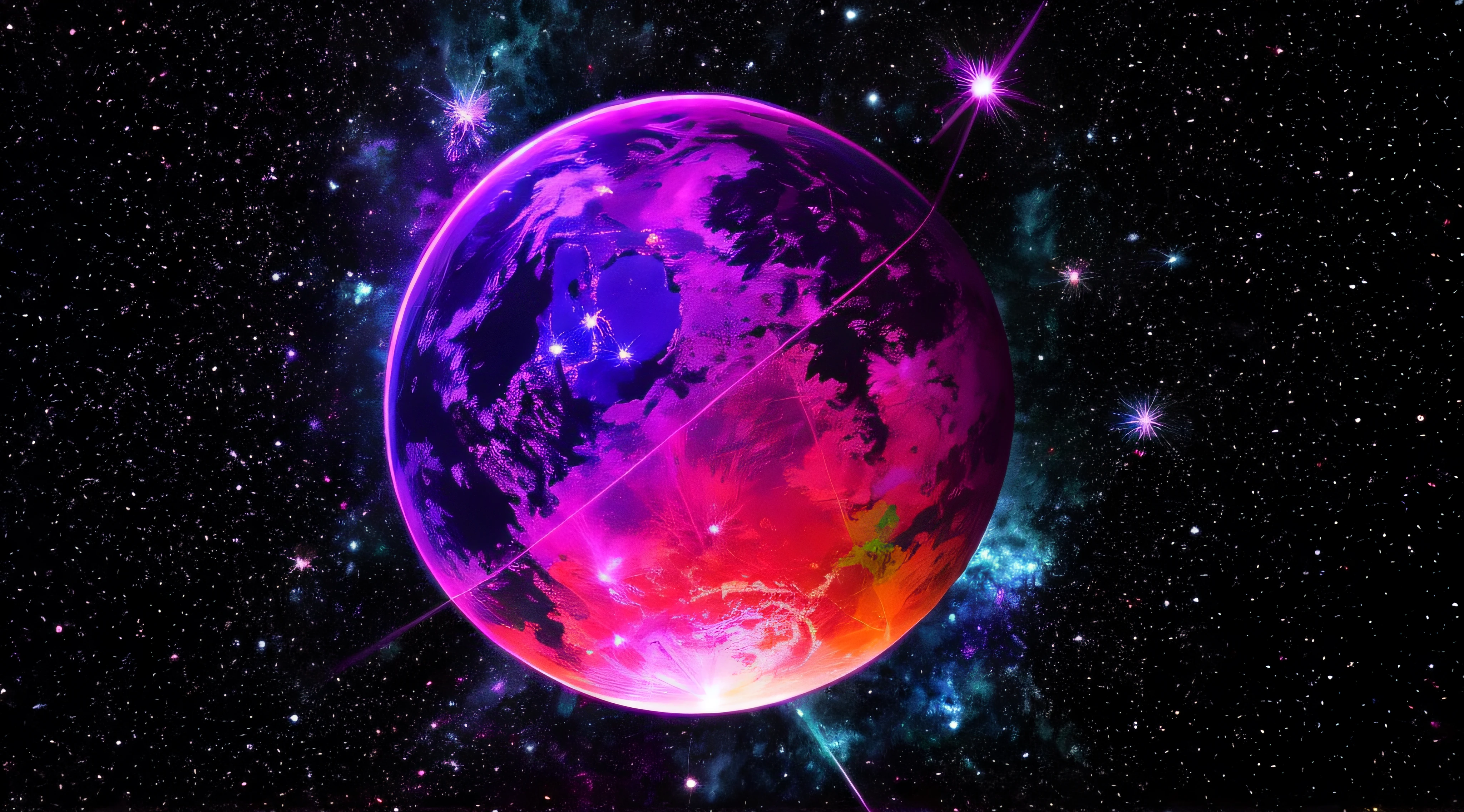 a colorful planet with stars and nebulas in the background, dark neon colored universe, violet planet, dyson sphere program pink planet, beeple colors, planet, beautiful space star planet neon, glowing sphere, beeple!!, another planet, weird planet, beeple artwork, style hybrid mix of beeple, recusion beeple, planet and stars