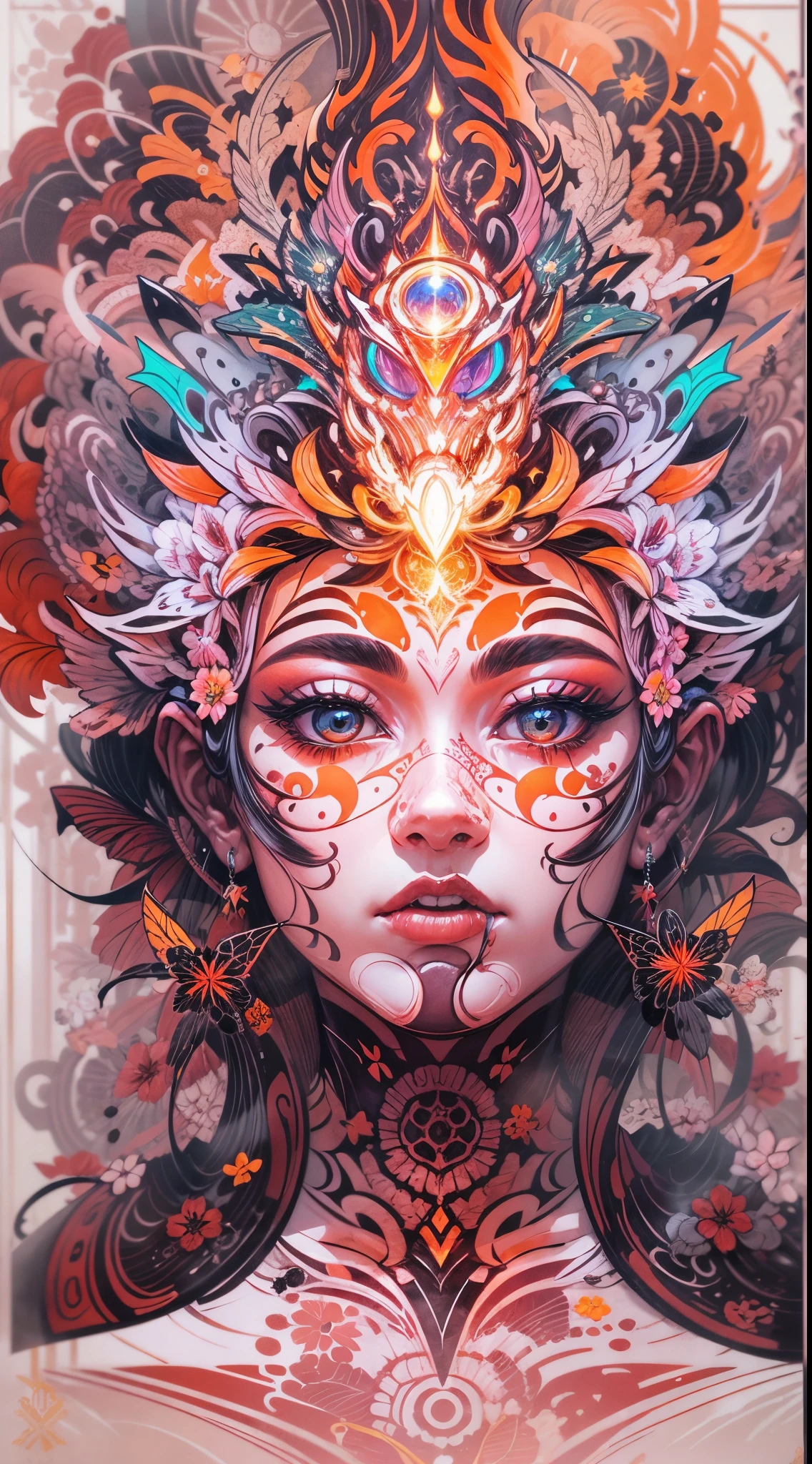 Half body shot,Explosive, otherworldly painting of a shape-shifting deity adorned with chaotic life and nature motifs and omnipresent, piercing eyes, a breathtaking amalgamation of fine art and captivating photo collage, mesmerizing poster design:: their appearance exuded the enigmatic allure of vitality goddess minimalism fused with cosmic chaos:: --ar 9:16 --s 963 --c 9 --q 2 --v 5