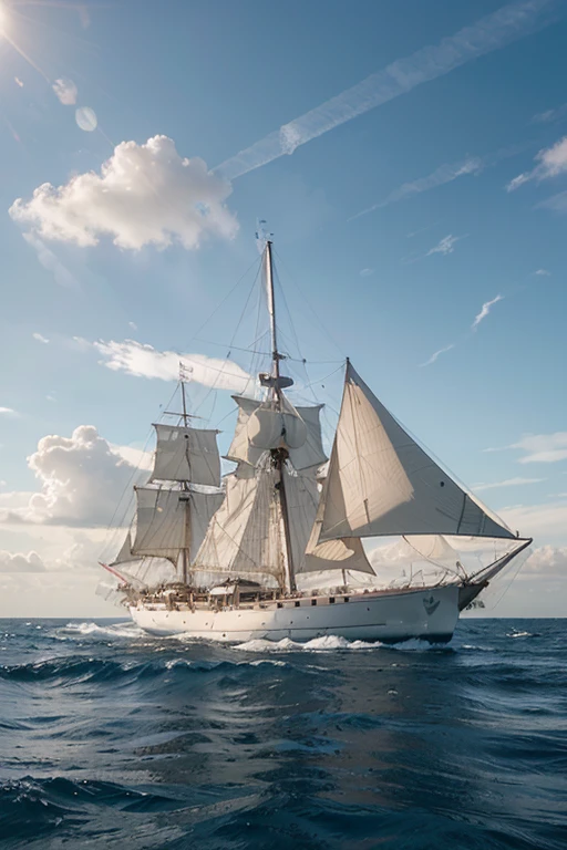 A sailboat with 4 masts in full sail sails on the sea in slight seas , sun and clouds on the horizon another ship steamer
