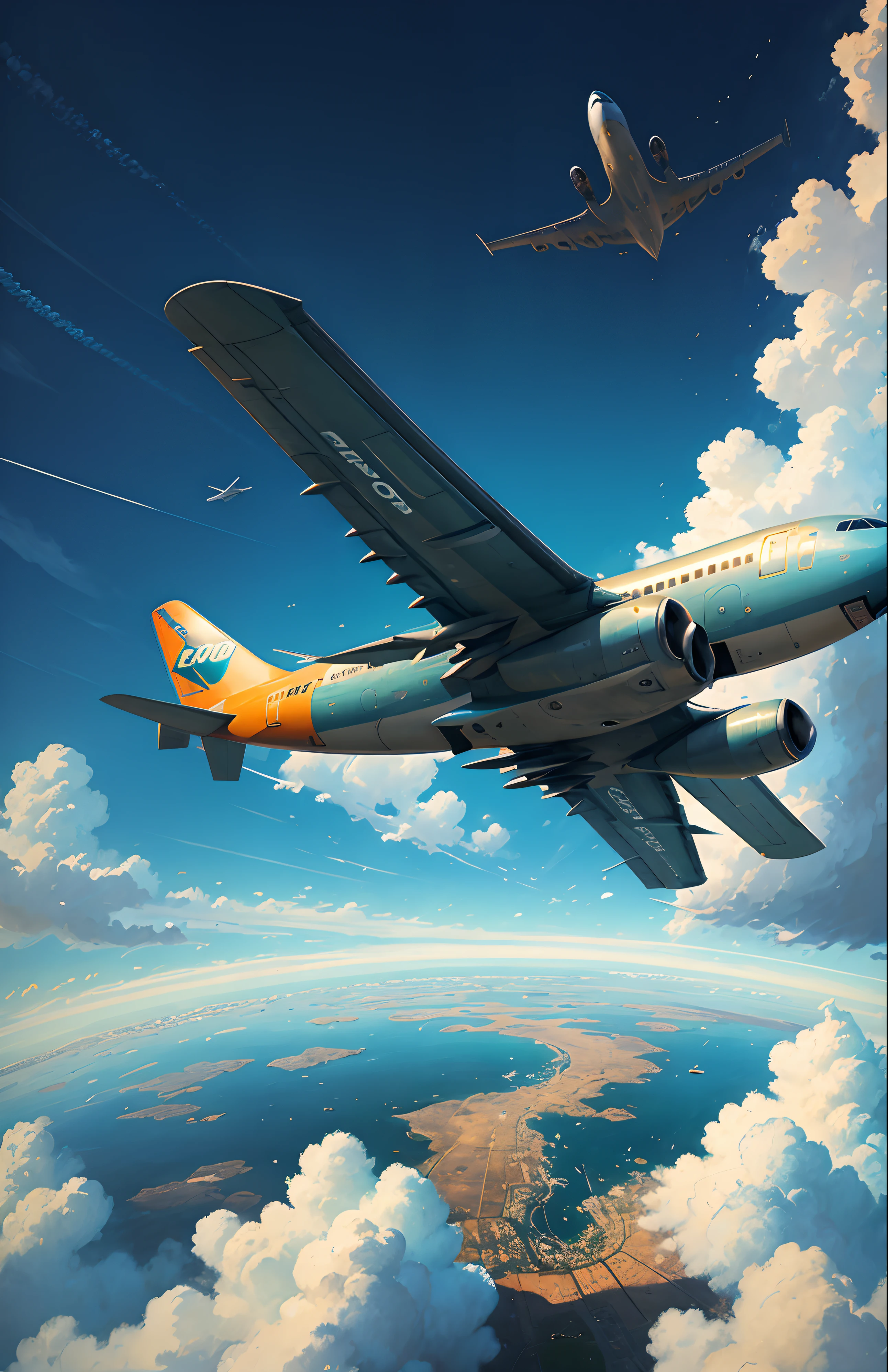 There were two planes flying in the sky above the clouds, amazing wallpapers, cg art, Wallpaper phone, Portrait wallpaper, Wallpaper phone, Wallpaper phone, iPhone wallpapers, Boeing concept art, realistic airplane, Boeing concept art painting, flying airplane, realistic airplane, Ace air combat, beautiful wallpaper, Alex Andreev, Beautiful iPhone wallpapers, Close establishing shot, rendering