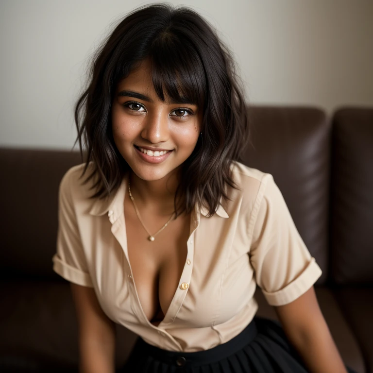 (sharp focus: 1.2), an award-winning photo of a beautiful sri lankan girl, (full body), 19 years old, brown skin (with beautiful brown eyes), round face, ( Unbuttoned Button Up Shirt in Cream Color), (Unbuttoned), (Tiny Cotton Skirt), (provocative), messy hair, light and short black hair, messy, (Short Hair with Bangs, Beautiful brown eyes, (She  not Looking at the Camera), (Girl  looking away from the viewer), absurd, 8k, (high quality: 1.3), Cute Grin, perfect small breasts, translucent shirt), (Side Boobs can be seen), (Minimum Furniture and Empty Walls), (She  Bending Down), photo  taken from lower angle, (Her Breasts are visible), artstation hd, concept art, detailed face and body, award-winning photography, depth of field, bokeh, 4K, HDR.