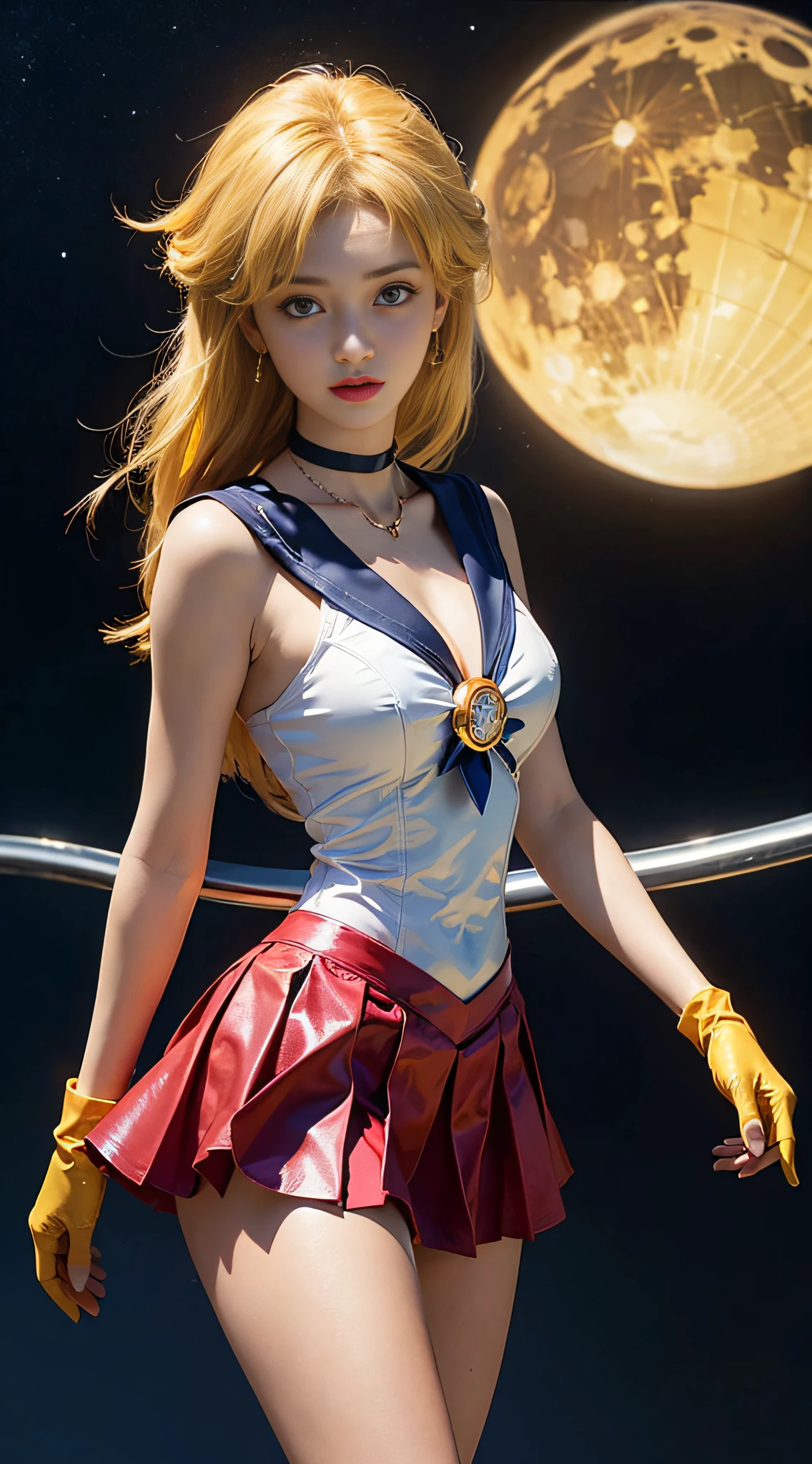 ((masterpiece:1.4)、(top-quality:1.4)、(reallistic:1.7))、masuter piece:1.4、a beauty girl、(Sailor Moon:1.4)、Tsukino Usagi、Body Fit Sexy Sailor Senshi Uniform、(latex shiny)、(The jacket is a white sleeveless sailor suit..)、(Skirt Blue Sexy Ultra Ultra Pleated Mini Skirt)、There are two thin blue lines on the collar of the sailor uniform....、high leg swimsuit、Red cloth ornament at chest、(Wearing white gloves)、Kawaii Girl、Super beauty、foco nítido、Portrait photos、(Perfect female body:1.4)、perfectly proportions、Upper body photography:1.4、美丽的面容、beautidful eyes、Narrow waist、beauty legs、(yellow hair:1.4)、(length hair:1.2)、Beautiful udder、large full breasts:1.2、Sexy ass、Raw photo、red-lips、Red high heels:1.4、a choker:1.4、a necklace:1.4、耳环:1.4、Luxurious Golden Tiara:1.4、1 screen display、a moon、kosmos、spaceships、A space station、City of the Future
