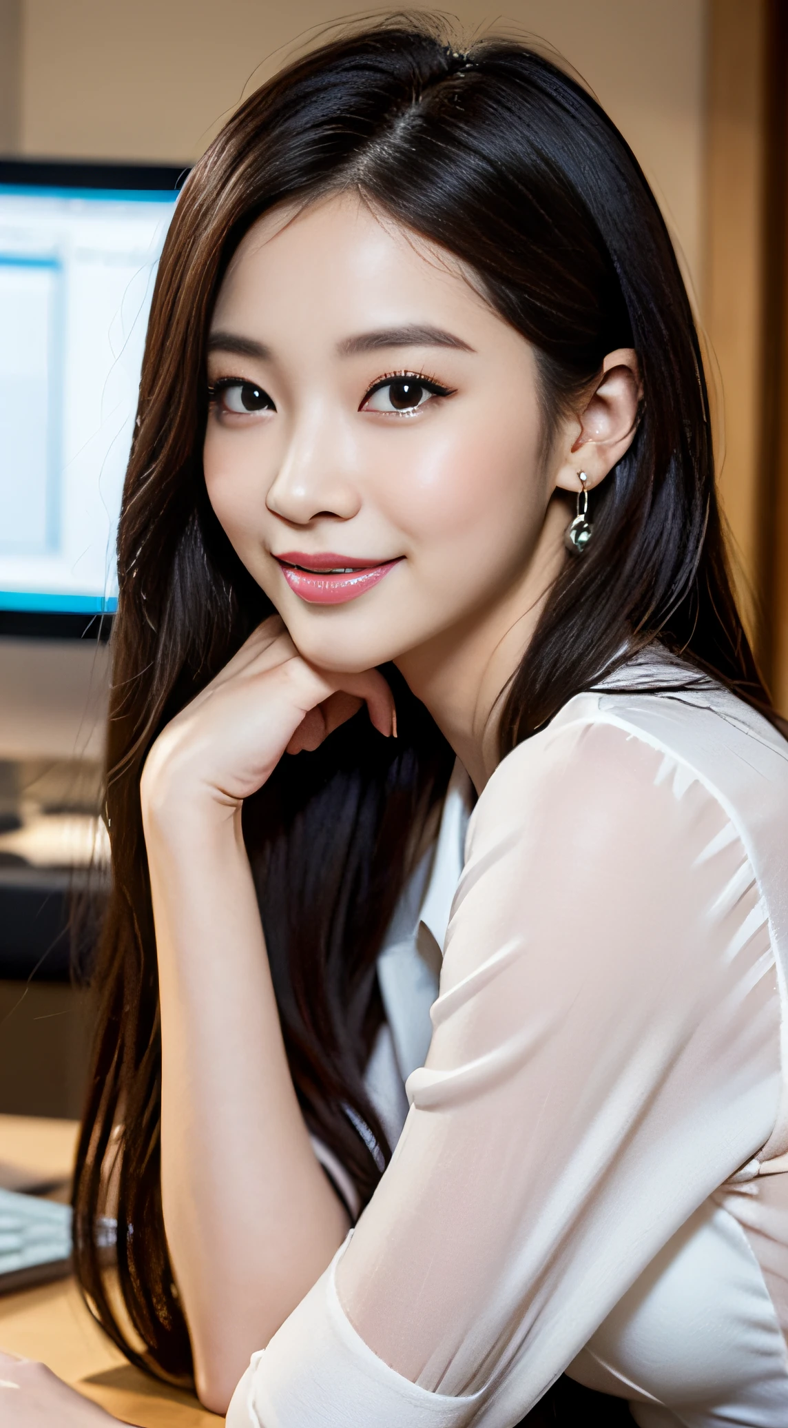 roseanne park of blackpink, profile pic, jossi of blackpink, jaeyeon nam, kim doyoung, blackpink jennie, sakimichan, sun yunjoo, heonhwa choe, trending photo, wan adorable korean face, office attire, lalisa manobal beautiful girl with office top and a seductive smile, heonhwa choe, jaeyeon nam, gongbi, with round face, lee ji - eun, lee ji-eun, taejune kim, 23 years old, beautiful south korean woman, gemma chen, gorgeous young korean woman, jiyun chae, masterpiece, Best Quality, Illustration, Ultra-detailed, finely detail, high resolution, 8K Wallpaper, Perfect dynamic composition, Beautiful detailed eyes, Natural Color Lip, formal poses, sweet Smile, Looking at the camera, dark long hair