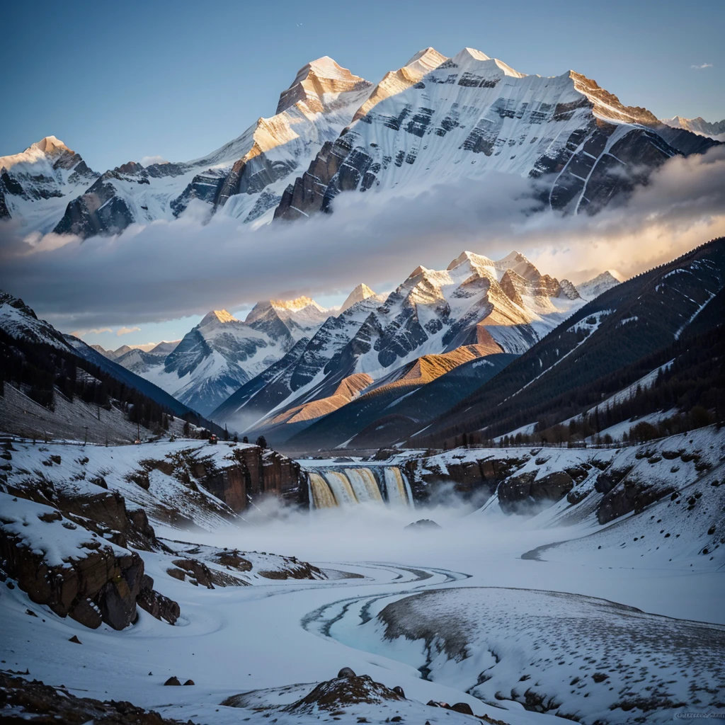 Harmony of the Himalayan Dawn: A Golden Ballet Amidst Ice-Crowned Peaks"Bask in the surreal spectacle as the inaugural rays of dawn tenderly caress the towering, ice-crowned peaks of the Himalayas, orchestrating a celestial ballet that bathes the pristine, snow-laden summits in a resplendent, golden embrace. Behold the enigmatic mist swirling below, weaving an ethereal tapestry that dances with the whispers of ancient mountain spirits, rendering the entire panorama an awe-inspiring symphony of light and mystique
