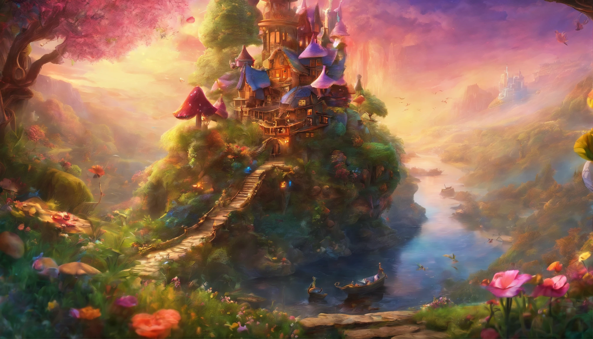 fairy tale picture book,Aerial perspective,Ultra-wide angle of view,Fairy tale town,Lots of mushroom houselossom flower,a plant,high high quality,16K resolution,(Best quality),(tmasterpiece),ultra - detailed,Detailed details,ultra - detailed,ultra real photo,Overclocked renderer,Accurate