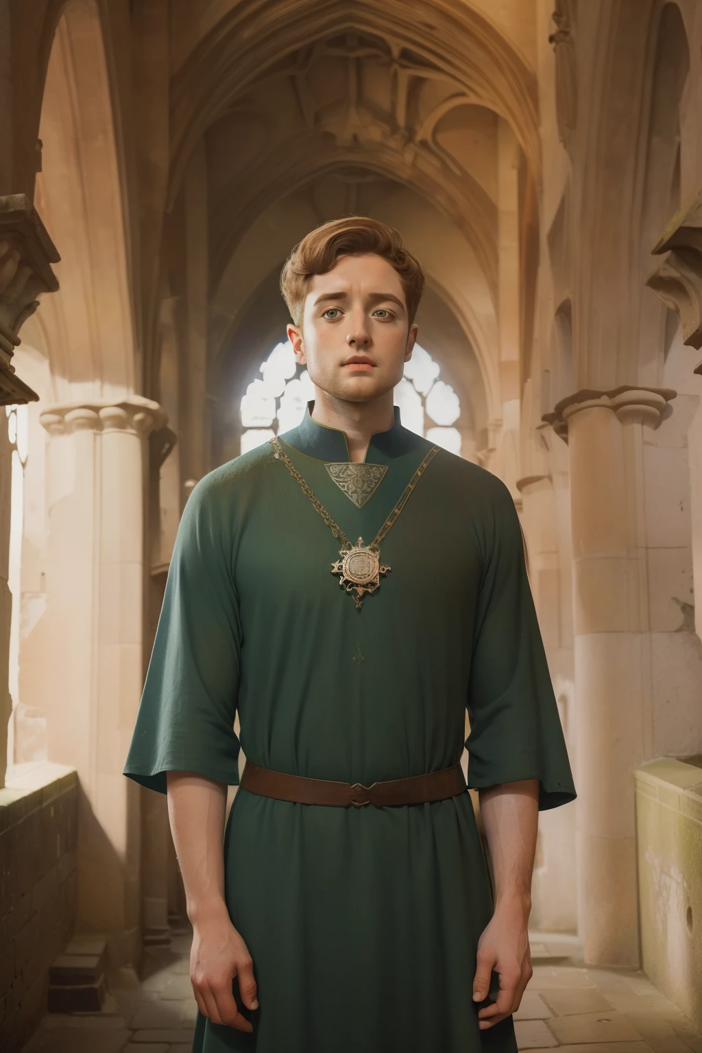1136, Kingsbridge, England. otherworldly scene in a ruinous cathedral, ((((27-year-old)) Richard Rankin)), monk, looking up to the dome, ((((poor plain tunic from the 12th century)))), ((Hairstyle of the 12th century)), ((Wes Anderson cinematic style)), colorful