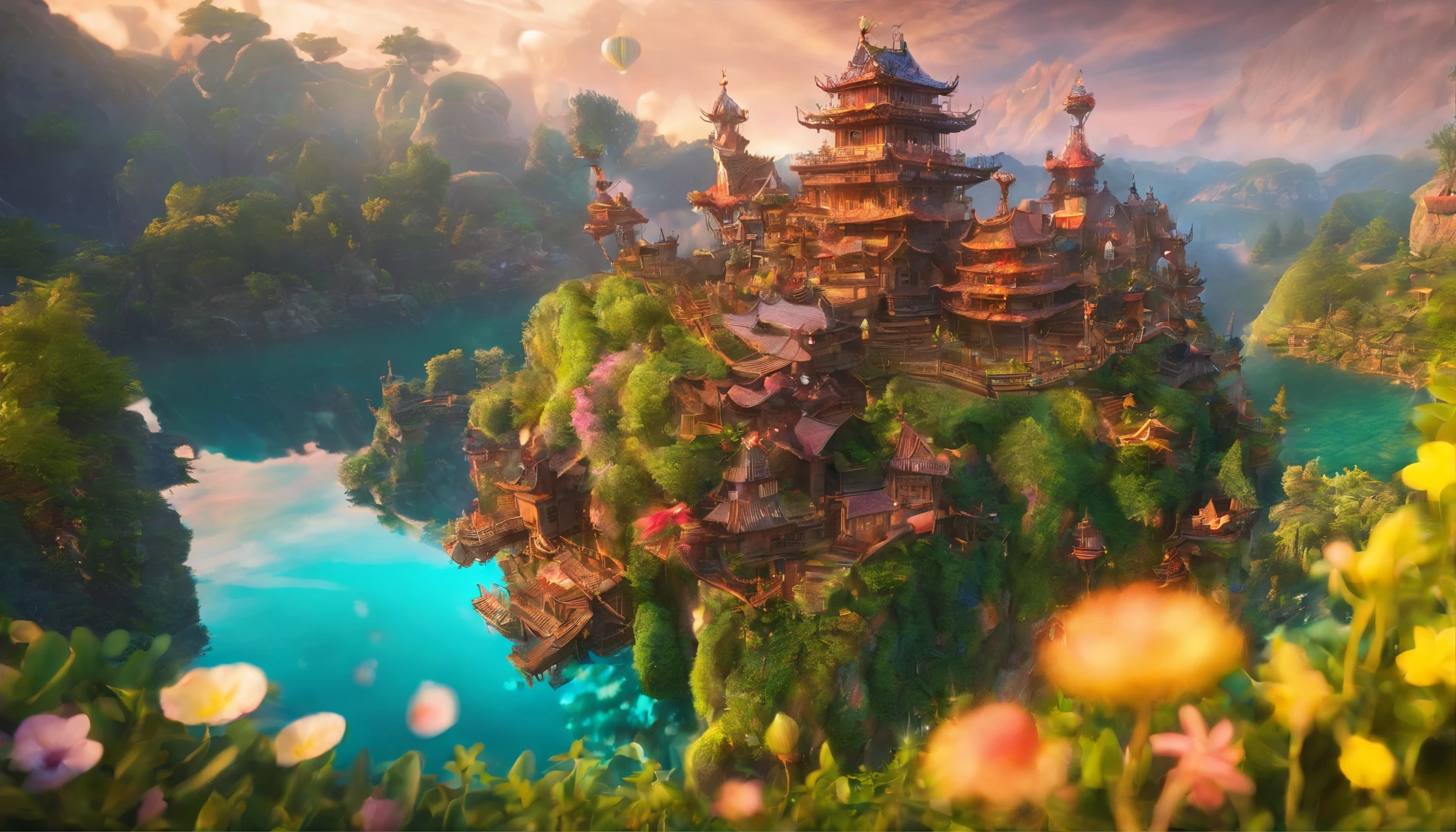 fairy tale picture book，mid-air，Ultra-wide angle of view，Fairy tale town，Many candy houses，Iris，a plant，high high quality，16K resolution，（Best quality），（tmasterpiece），ultra - detailed，Detailed details，ultra - detailed，ultra real photo，Overclocked renderer，Accurate