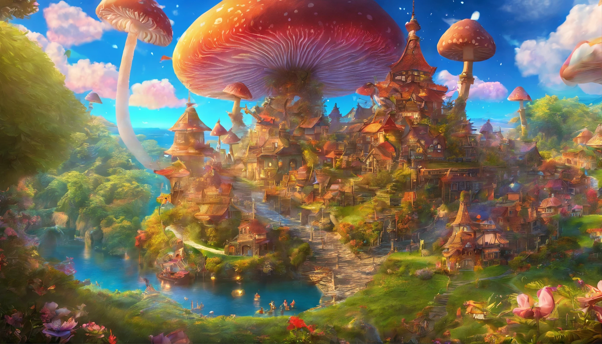 fairy tale picture book,Aerial perspective,Ultra-wide angle of view,Fairy tale town,Lots of mushroom houselossom flower,a plant,high high quality,16K resolution,(Best quality),(tmasterpiece),ultra - detailed,Detailed details,ultra - detailed,ultra real photo,Overclocked renderer,Accurate