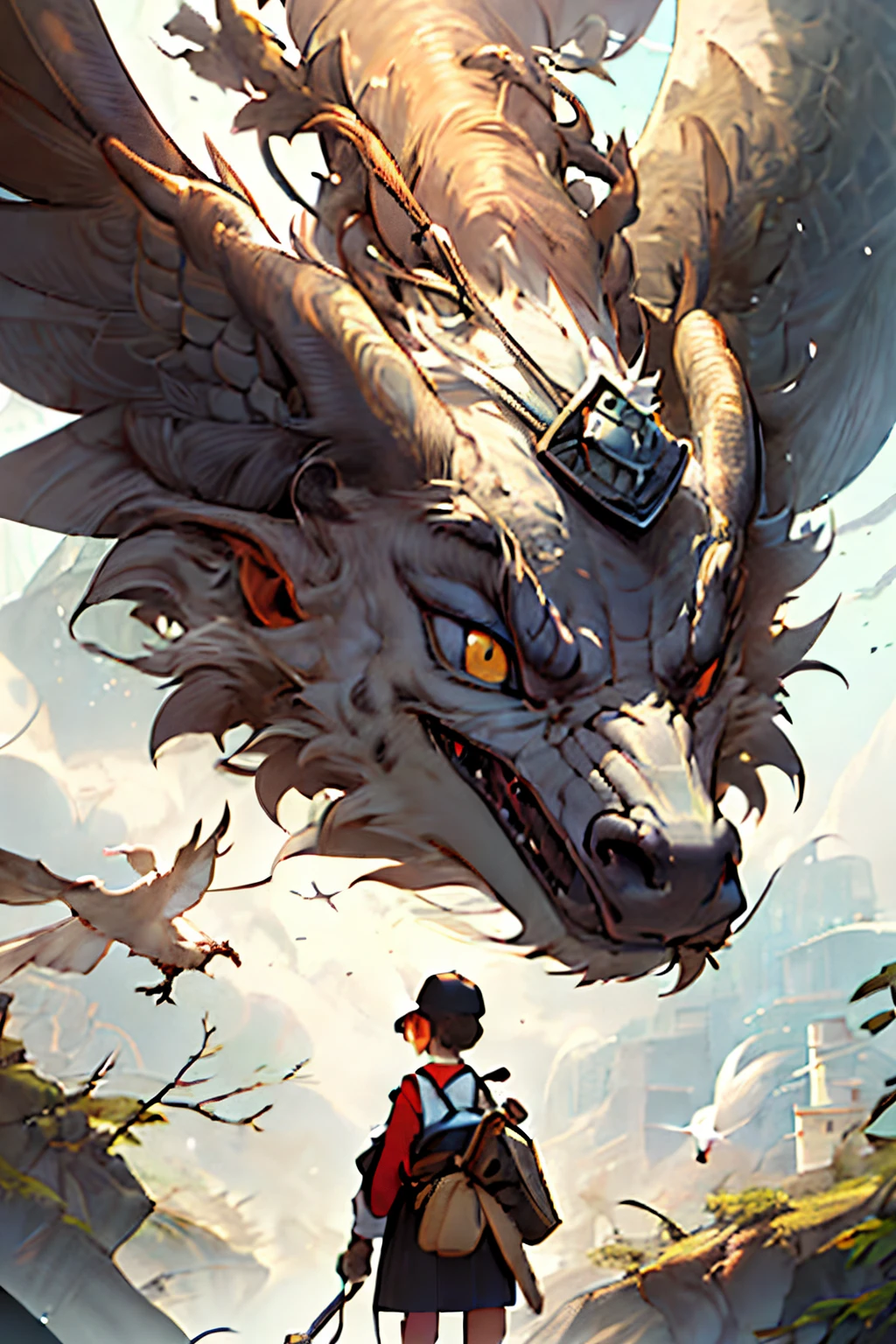 girl, letterboxed, holding, outdoors, bird, standing, cloud, 1boy, weapon, from behind, sky, cloudy sky, animal, holding weapon, eastern dragon, monster, 1other, hat, fog,