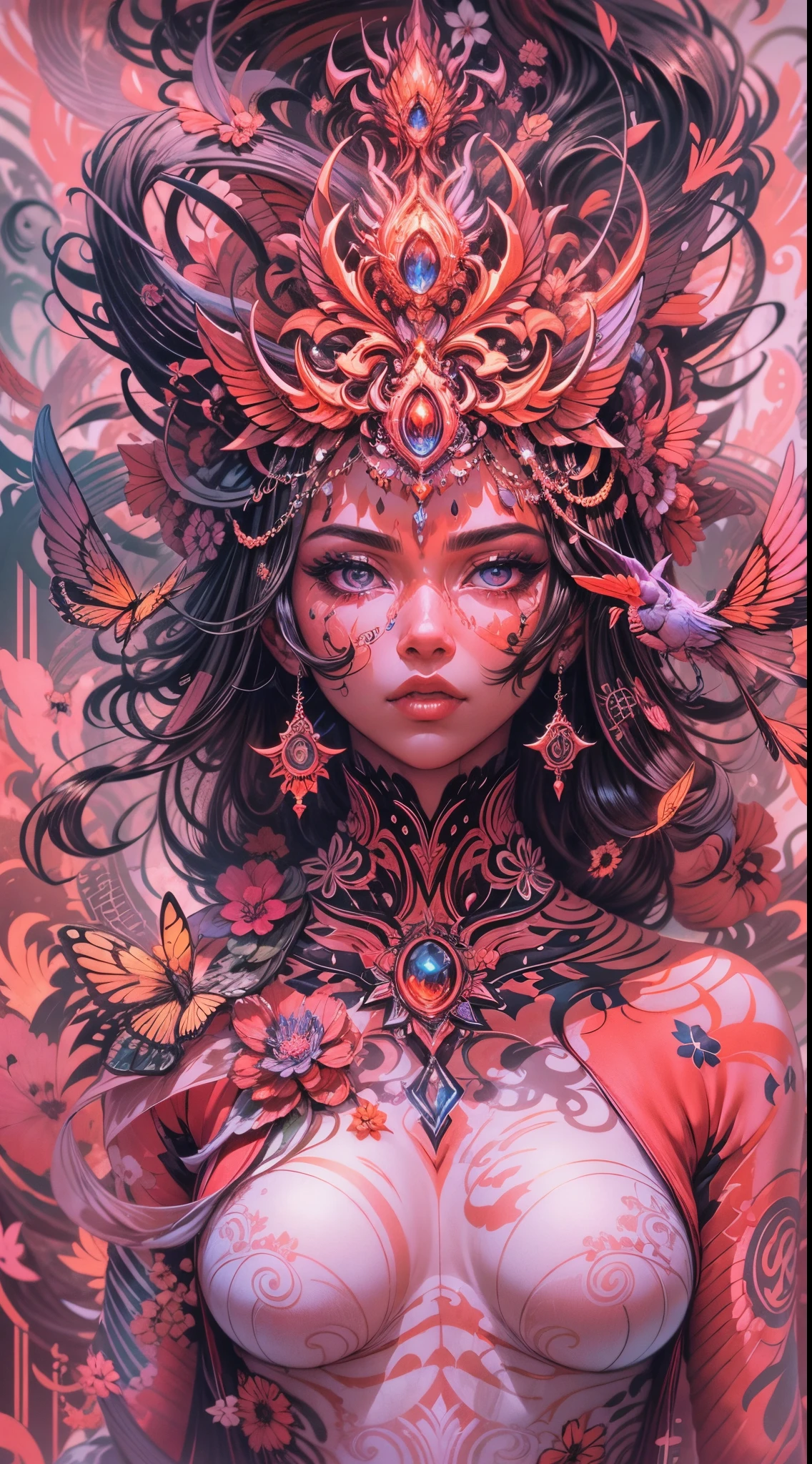 Half body potrait,Explosive, otherworldly painting of a shape-shifting deity adorned with chaotic life and nature motifs and omnipresent, piercing eyes, a breathtaking amalgamation of fine art and captivating photo collage, mesmerizing poster design:: their appearance exuded the enigmatic allure of vitality goddess minimalism fused with cosmic chaos:: --ar 9:16 --s 963 --c 9 --q 2 --v 5