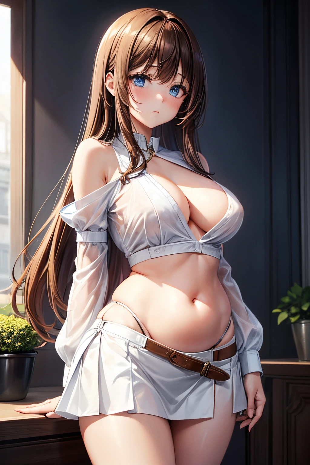 girl with brown long stright hair, fringe, blue eyes, tired expression, small shoulders, medium rounded soft , high slim waist, very big full bloated belly, well build thigs, soft skin, relaxed pose, wearing white semi transparent shirt with unbuttoned top, , tight black mini skirt, belt with golden pin