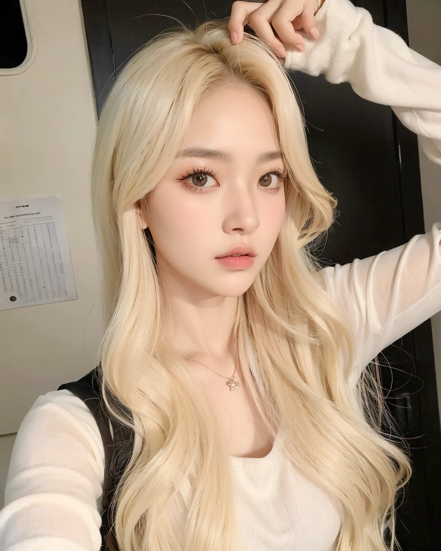 Un primer plano de una mujer con el pelo largo y rubio y una camisa blanca, Cabello largo y rubio y ojos grandes, ulzzang, Parque Roseanne de Blackpink, su cabello blanco, Jaeyeon Nam, con el pelo largo y blanco, Hermosa mujer surcoreana, Cabello largo y rubio y ojos grandes, con pelo largo blanco, Heonhwa Choe, Retrato de Jossi de Blackpink