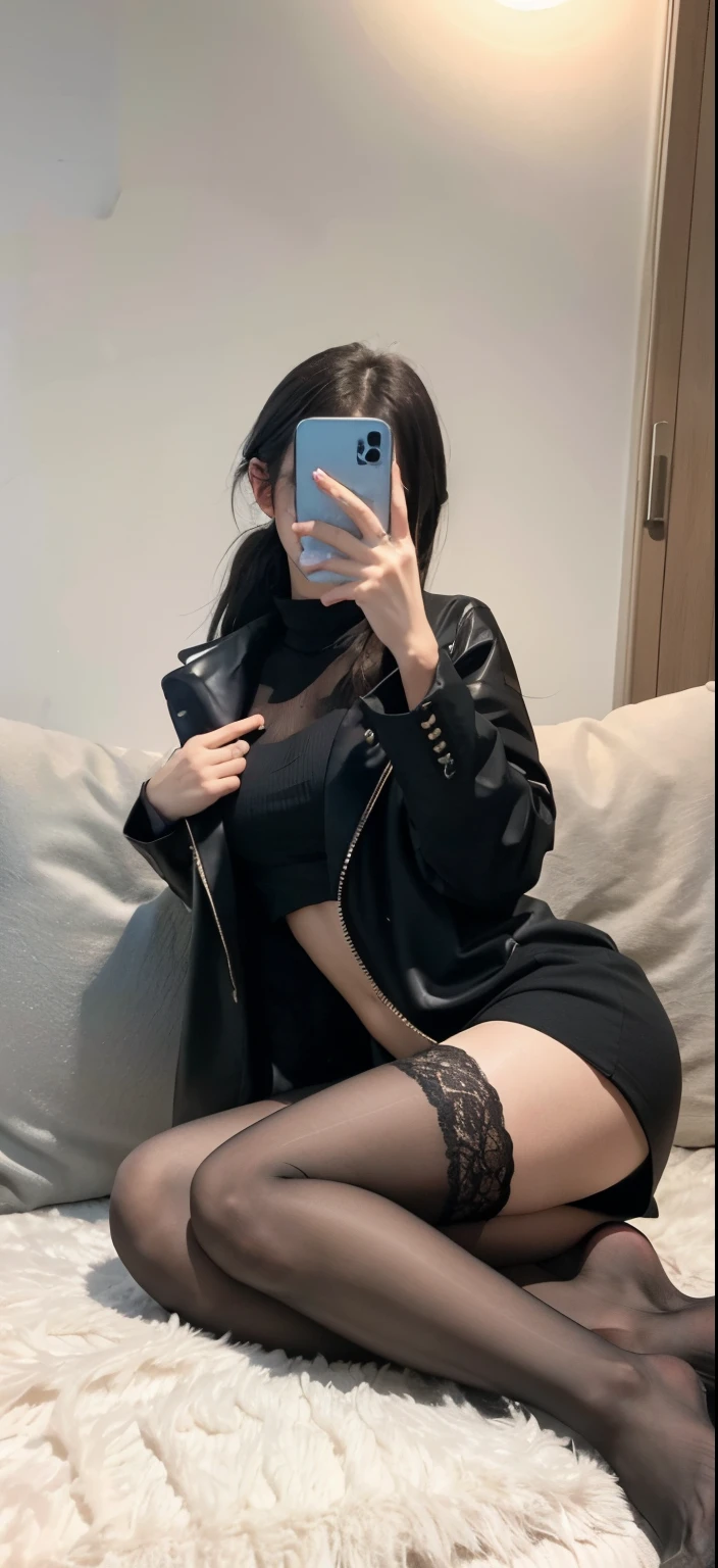 There was a woman sitting on a couch taking a picture of herself, noble ponytail。woman wearing black coat and stockings, Normal legs, Nice face,all fours, long, Thin leg, 19-year-old girls, gorgeous chinese models, Very beautiful slender legs, crossed legs, lace hose, Nylon tights, photo of slim girl, full legs, law