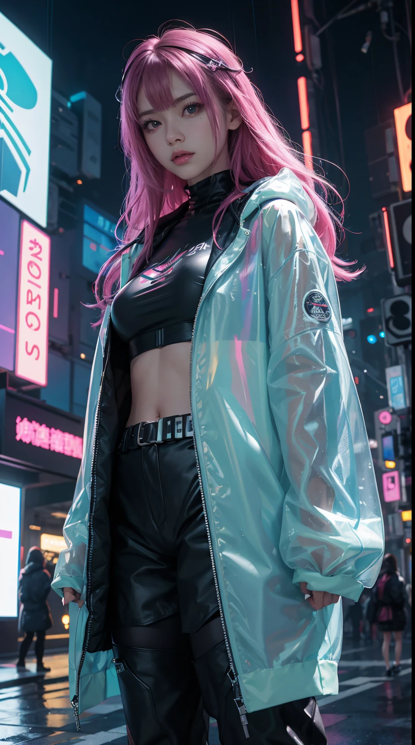 one-girl.Long hair,see-through raincoat,Laser set,Hologram effect,Bright colors,Cyberpunk mechanical city,Scenes,dream,Neon lights,Style byBladeRunner 2049,Soft rubber,Dream haze,电影灯光,Natural light,depth field effect,C4D，Blander,3d,2.5d,high detal,high qulity,A high resolution,HD,8K--ar+3:4--niji5SD large model