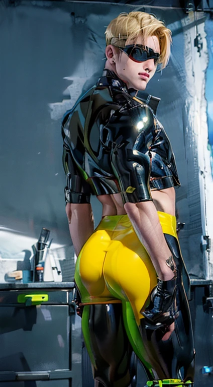 blonde hair male RUBBER DRONE with hynotic visor, tight ass