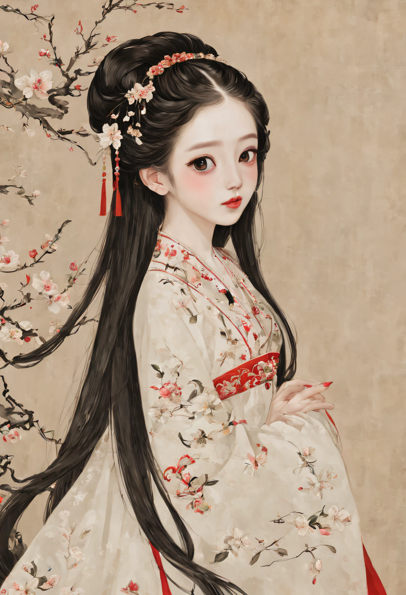 Ancient girl wearing white embroidery,Teenage girl with long black hair,white skinned,Super big eyes,Redlip,Chinese style works,ultra HD picture quality,pear blossom background,Beautiful stunning and mesmerizing,A slight smile very charming,Chinese style,beautifuldetails,The level of artist very high,girl with thick hair,With hairpins,Girl with plump right breast and eye,Don't blush,Face the audience,Stop being red