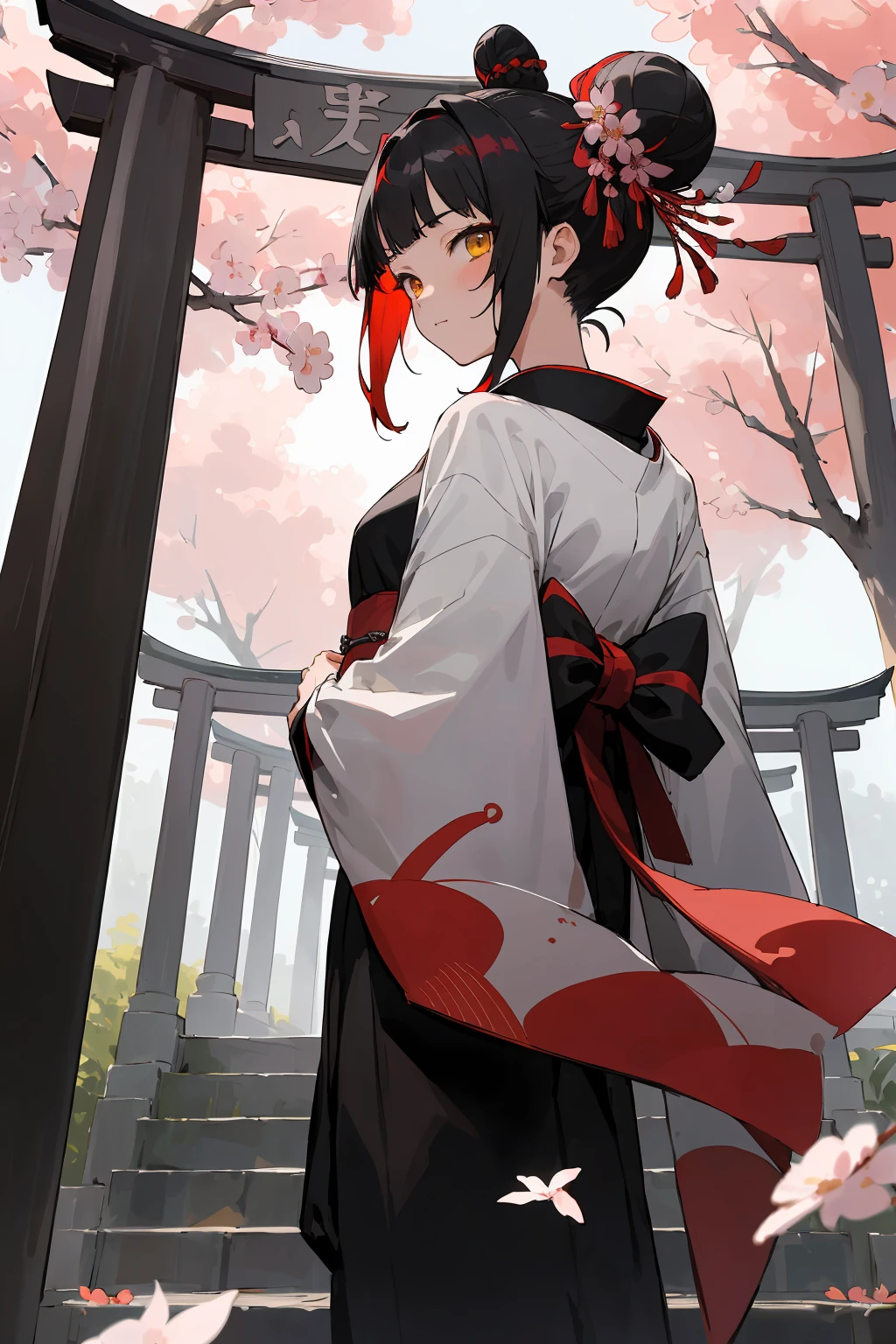 ((tmasterpiece,Best quality)),2 girls, black kimono, black colored leggings, black ribbon, black hair color hair, Sakura NS, day, Flowers, hair-bun, shairband, Japanese clothes, Common, Long gray hair, looking at viewert, back to look back, multiple girls, inner strength, Outdoor sports, red eyes, red hair clothing, ribbons, sandals, single hair bun, stairways, Eternal, statues, torii, that tree, Kimono white, yellow eyes