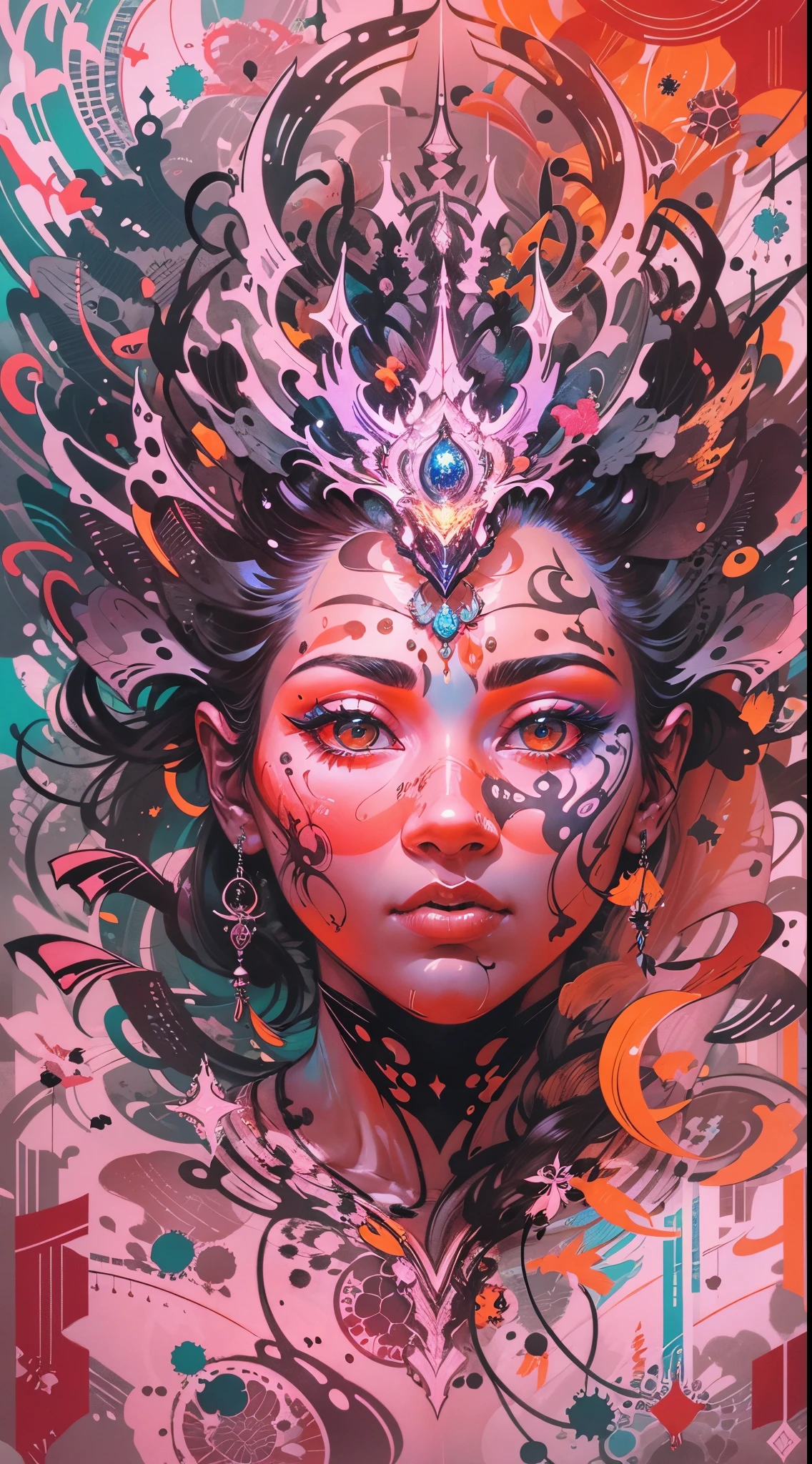 Half body potrait,Explosive, otherworldly painting of a shape-shifting deity adorned with chaotic life and nature motifs and omnipresent, piercing eyes, a breathtaking amalgamation of fine art and captivating photo collage, mesmerizing poster design:: their appearance exuded the enigmatic allure of vitality goddess minimalism fused with cosmic chaos:: --ar 9:16 --s 963 --c 9 --q 2 --v 5