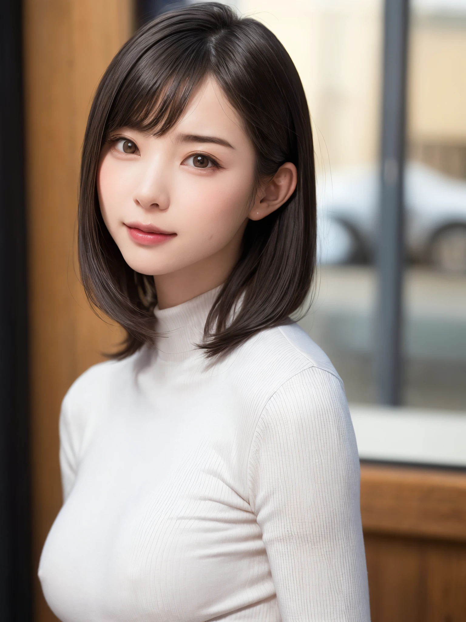 (masutepiece, top-quality、high-detail:1.4、Very attractive beauty、Add intense highlights to the eyes、Look firmly at the camera:1.4、A beautiful woman full of charm、Ideal ratio body proportions、Perfect Anatomy、Brunette Short Bob Hair、Lustrous hair、bangss:1.4、shiny bangs:1.4、lipgloss),1girl in, report, Light brown shiny hair, muffler,realisitic, looking at the viewers、Tilt your head slightly, Bright colored crystal light blue eyes, short shiny hair、 White turtleneck outfit with a hole in the center of the chest,Sexy white turtleneck knit sweater with a round hole in the middle of the chest、 s lips, lipgloss, The upper part of the body、big eye、Lashes、A little red in the face、Embarrassing)、((italian road in winter))、((short hair with big eyes、Put very strong highlights in your students、{Gigantic|Big|Huge|Mega} breasts:1.4、very Bigger breasts、gazing at viewer、Very beautiful beauty、Put your ears out、long neck、little smiling、Beautiful teeth、Open your mouth and smile、Heart-shaped pupil))、28 year old、Very cute supermodel、