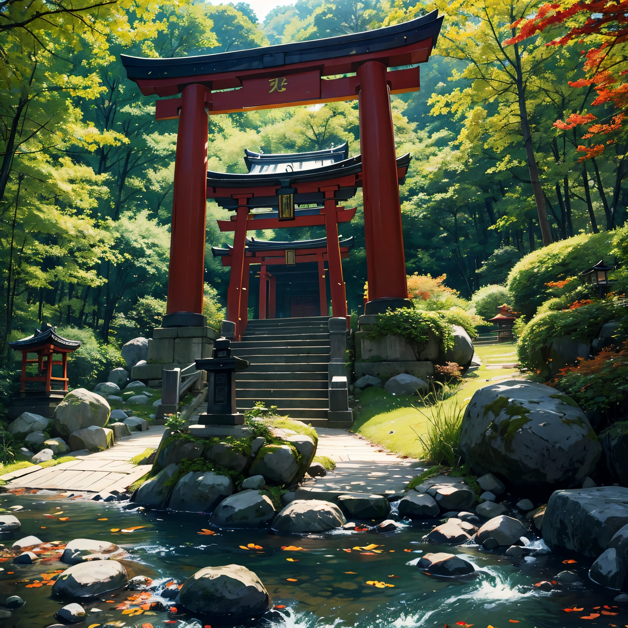 Best Quality、masutepiece、8K、Colored leaves、shrines、(torii gate)、(jpn、Evening glow、mare)、autumnal
