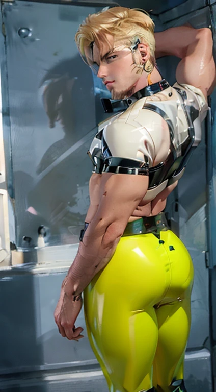 full body portrait, strong burly hairy mature older man(space captain), wearing futuristic captain's uniform insignia (neon and black) (open and revealing) (latex) , gray hair, reflective sunglasses (neon yellow rims), broad shoulders, round belly, thick feet, bulging micro thong, barefoot, scifi spaceship captain uniform, neon lights, best quality elegant masterpiece, face looks like Tom Selleck (Magnum PI) , military buzzcut, dark mustache, gray stubble, latex, wearing a latex thong, big bulging crotch, futuristic gear equipment, wearing see through plastic chest armor (neon yellow and electric blue), wearing neon yellow see through chest armor, wearing electric blue latex chaps(see-through) , wearing cool neon sneakers,in spaceship cockpit, lying in spaceship sleeping quarters(bed) (view from above), smiling with teeth showing, nicebulge, waiting in bed, glowing armor, legs up(!) and spread(!) , big muscle ass, wet and dripping ass, visible asshole(!) , asshole lubed up and dripping sweat, dildo on bed, big plastic dildo(neon yellow) 