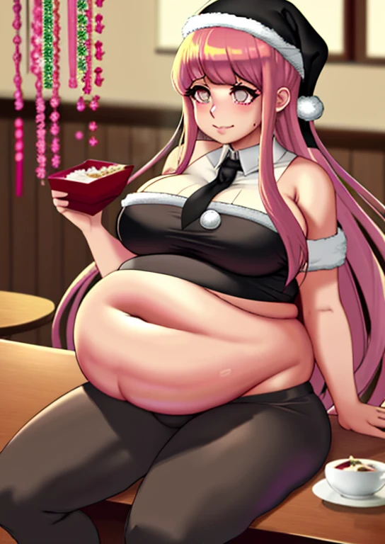 fat, large belly, big belly, very fat, large stomach, chubby (best quality, masterpiece), fat belly, Kyoko Kirigiri, sitting, table, Christmas, fat, pink hair, danganronpa