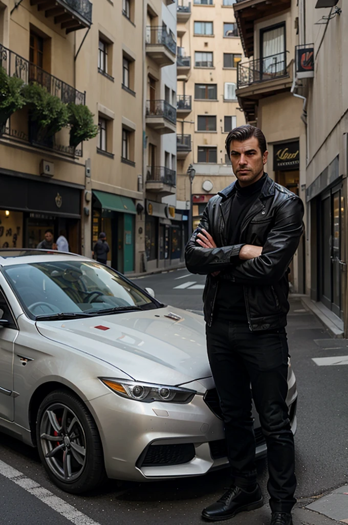 Male GTA character from Andorra, in the city of Andorra la Vella with a car in the background